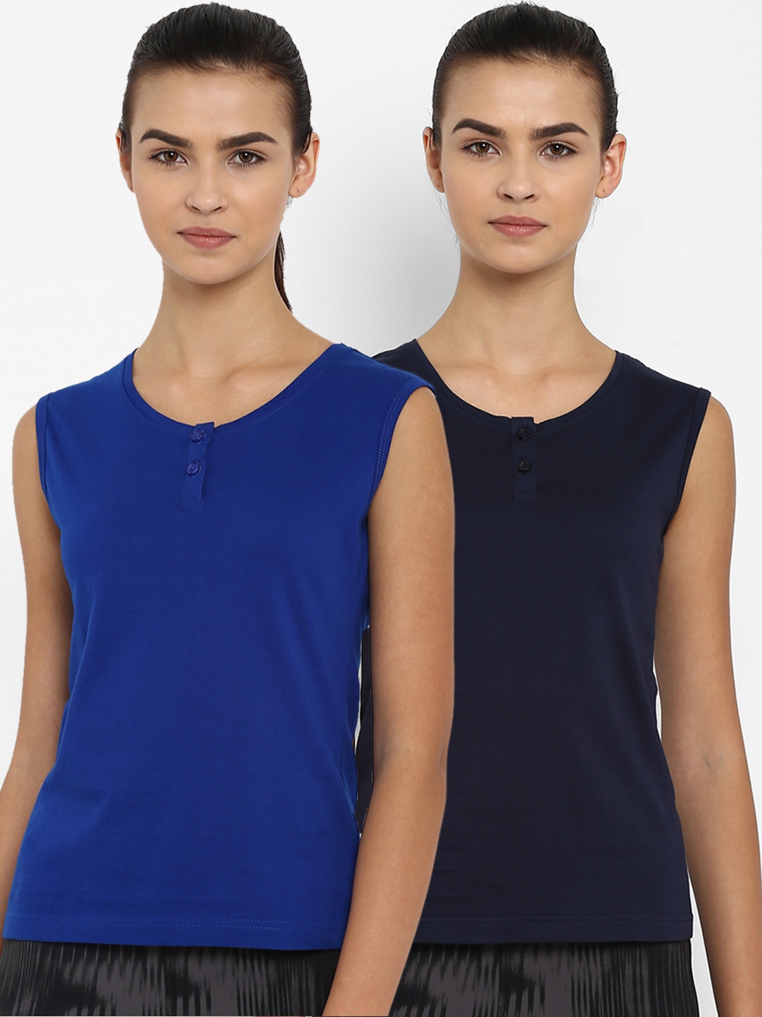 

appulse Women Pack of 2 Solid Henley Neck T-shirts, Blue