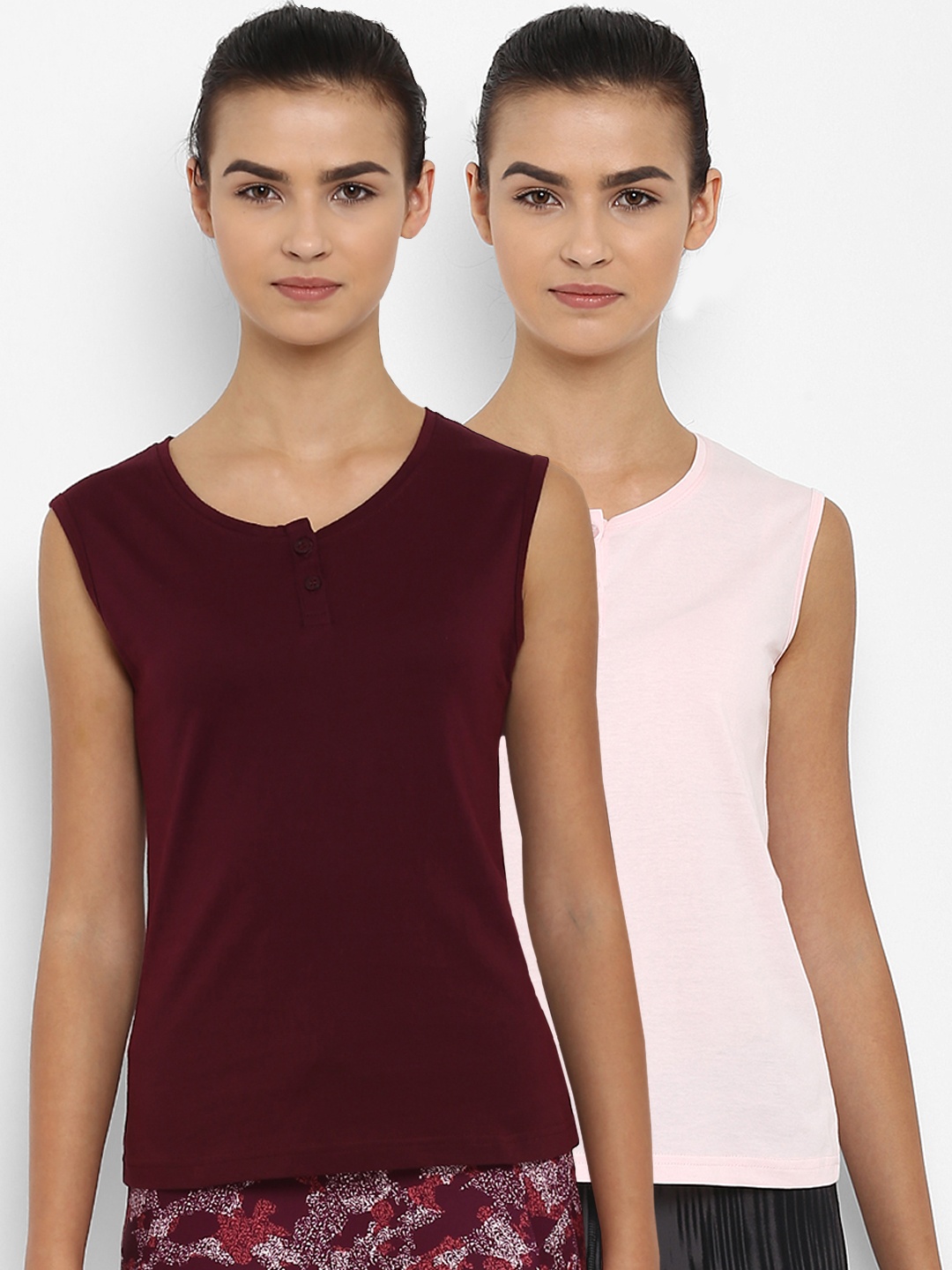 

appulse Women Pack of 2 Solid Henley Neck Slim Fit T-shirts, Maroon