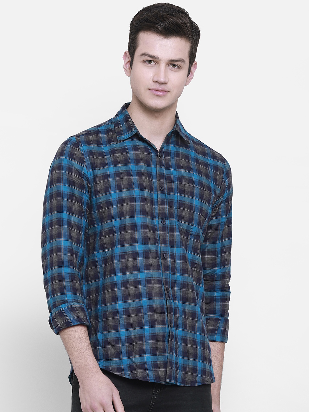 

cape canary Men Blue & Grey Regular Fit Checked Casual Shirt