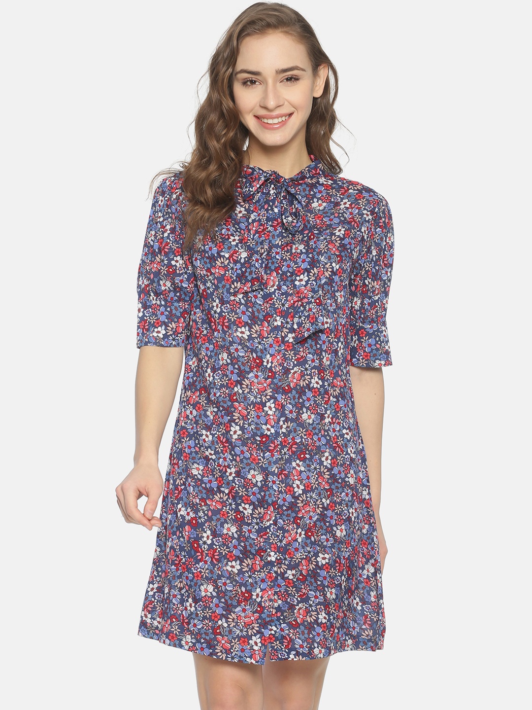 

ISU Women Navy Blue Floral Print A-Line Dress
