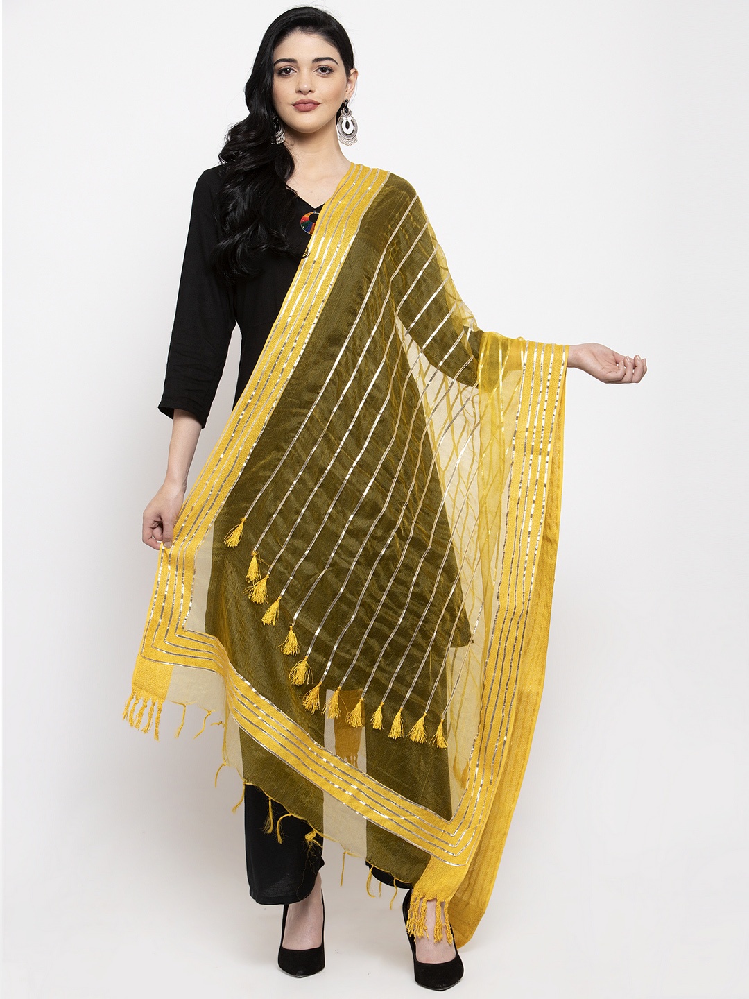 

Clora Creation Yellow & Silver-Coloured Striped Organza Dupatta