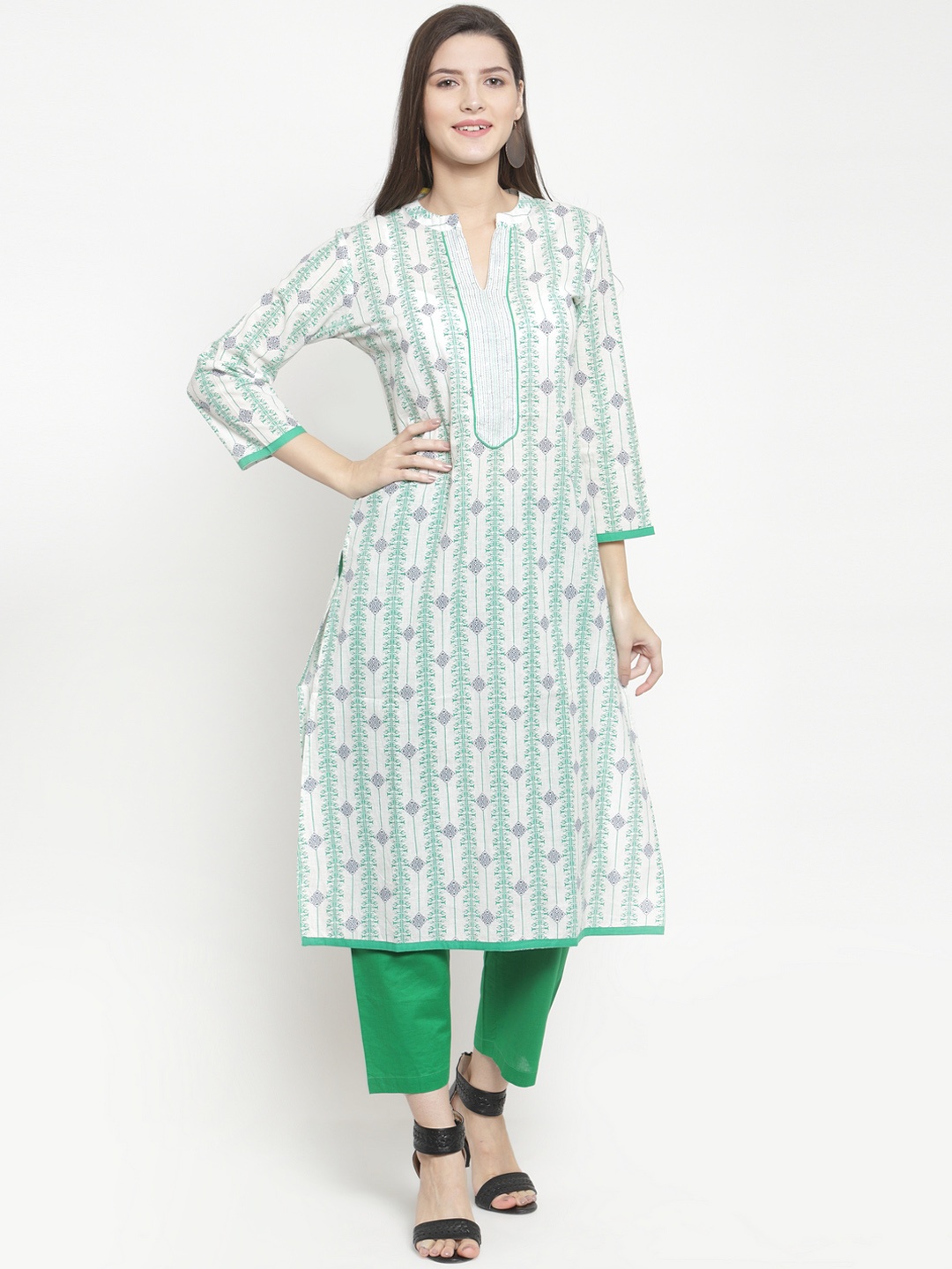 

The Kurta Express Women Green & White Printed Straight Kurta
