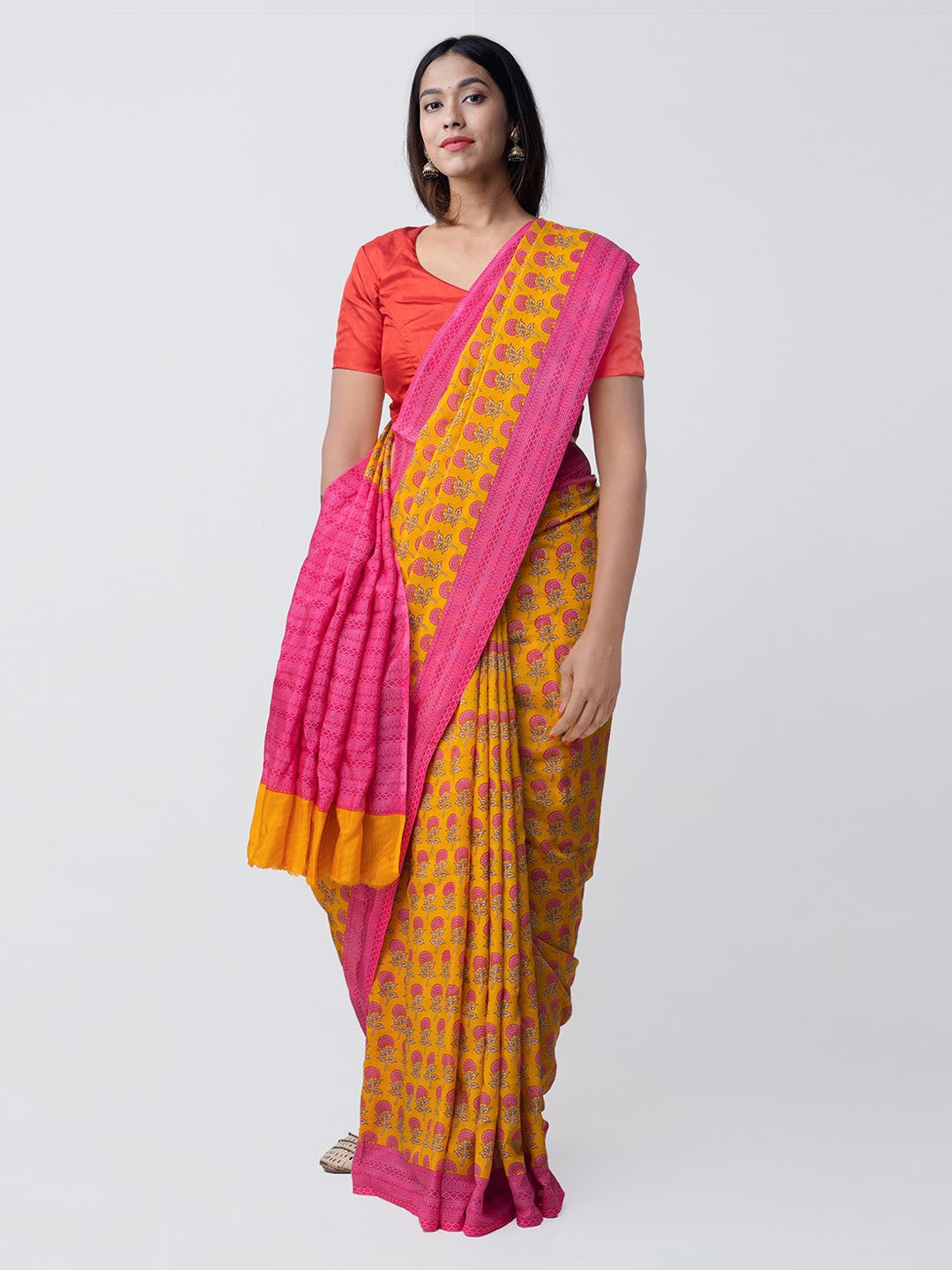 

Unnati Silks Yellow & Pink Art Silk Printed Handloom Sustainable Saree