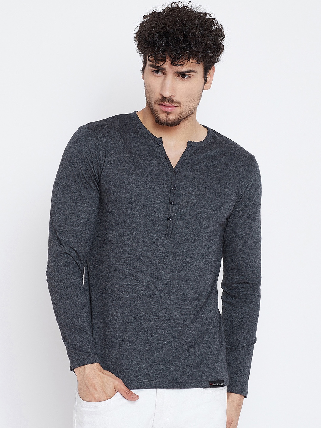 

LE BOURGEOIS Men Charcoal Grey Solid Henley Neck T-shirt