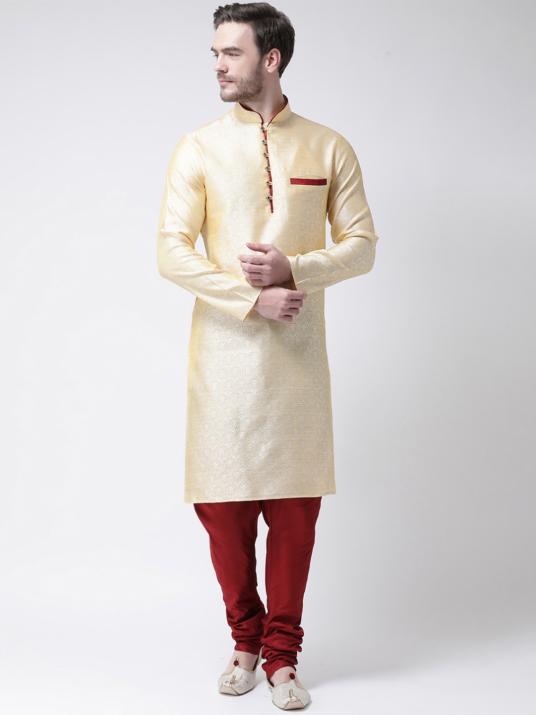 

SG LEMAN Men Cream-Coloured & Red Self Design Kurta with Churidar