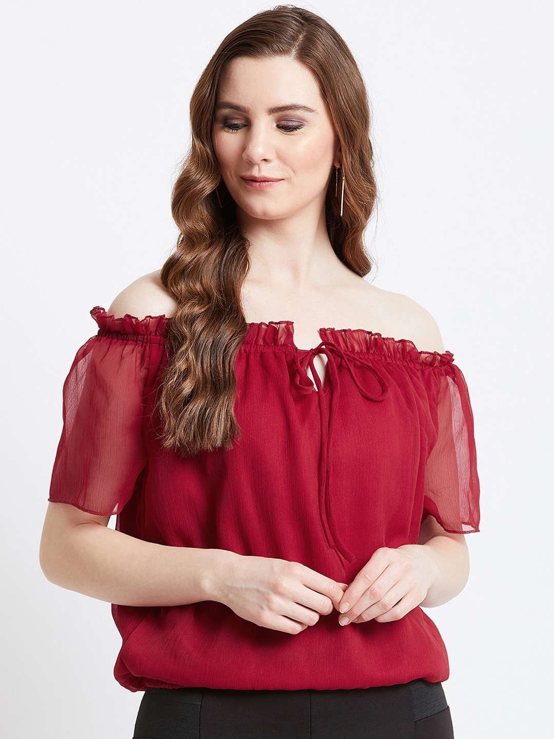

AkaAyu Women Maroon Solid Bardot Top