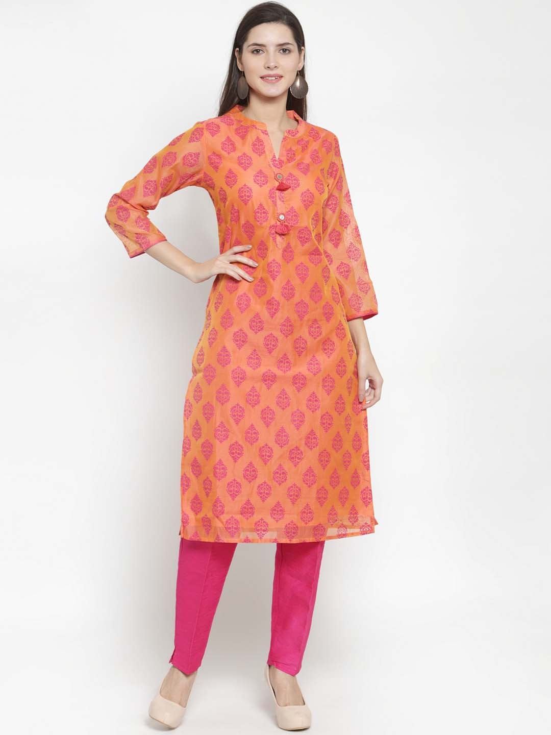 

The Kurta Express Women Peach-Coloured & Orange Printed Straight Kurta