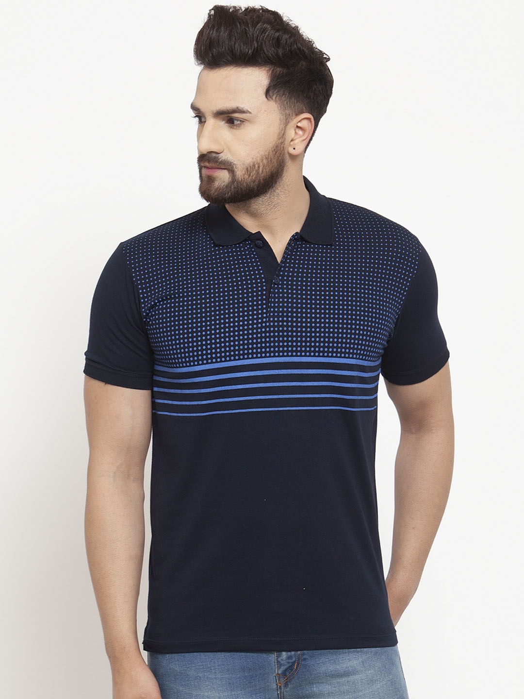 

WILD WEST Men Blue Striped Polo Collar T-shirt