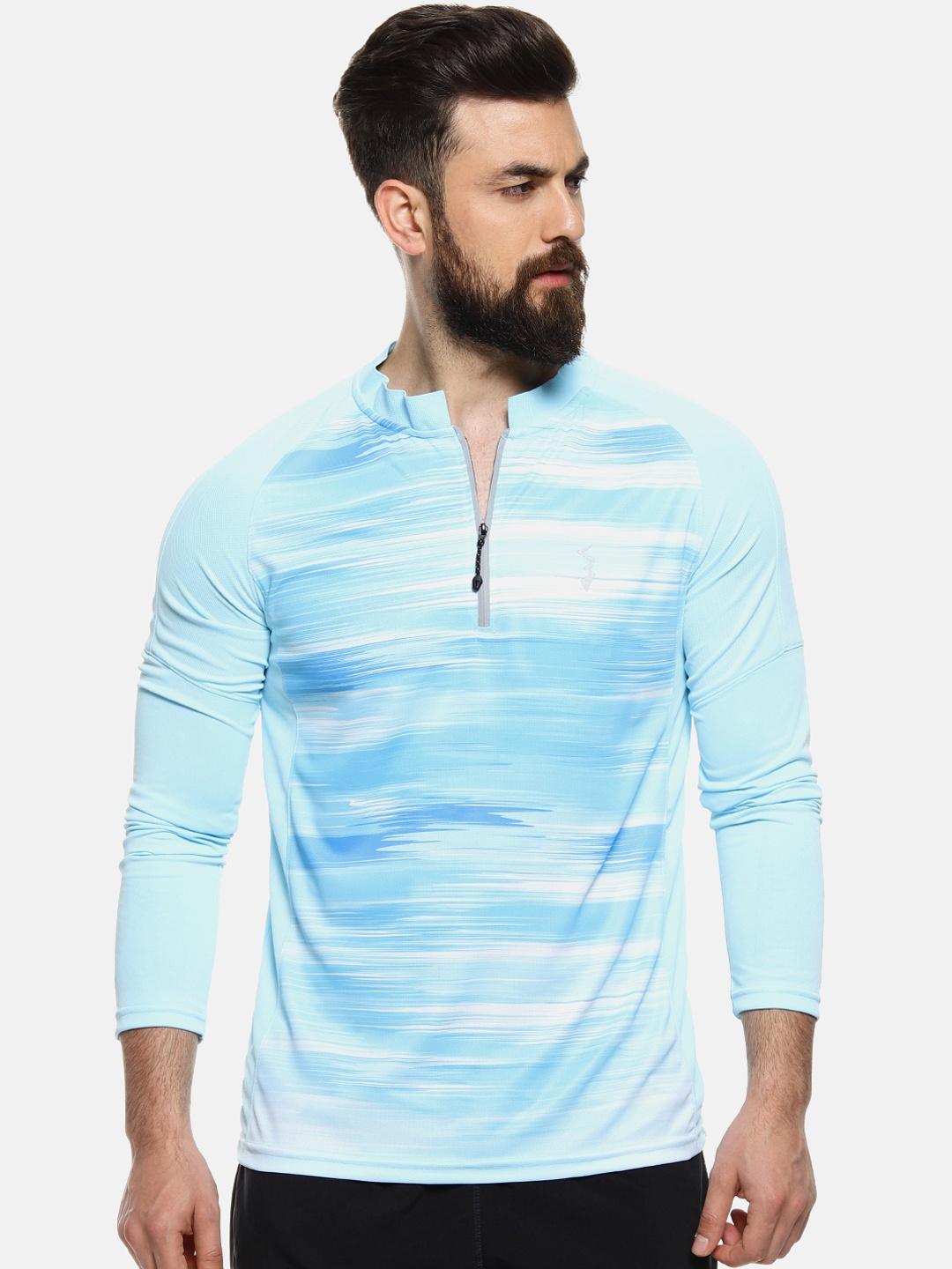 

Campus Sutra Men Blue Striped Mandarin Collar T-shirt