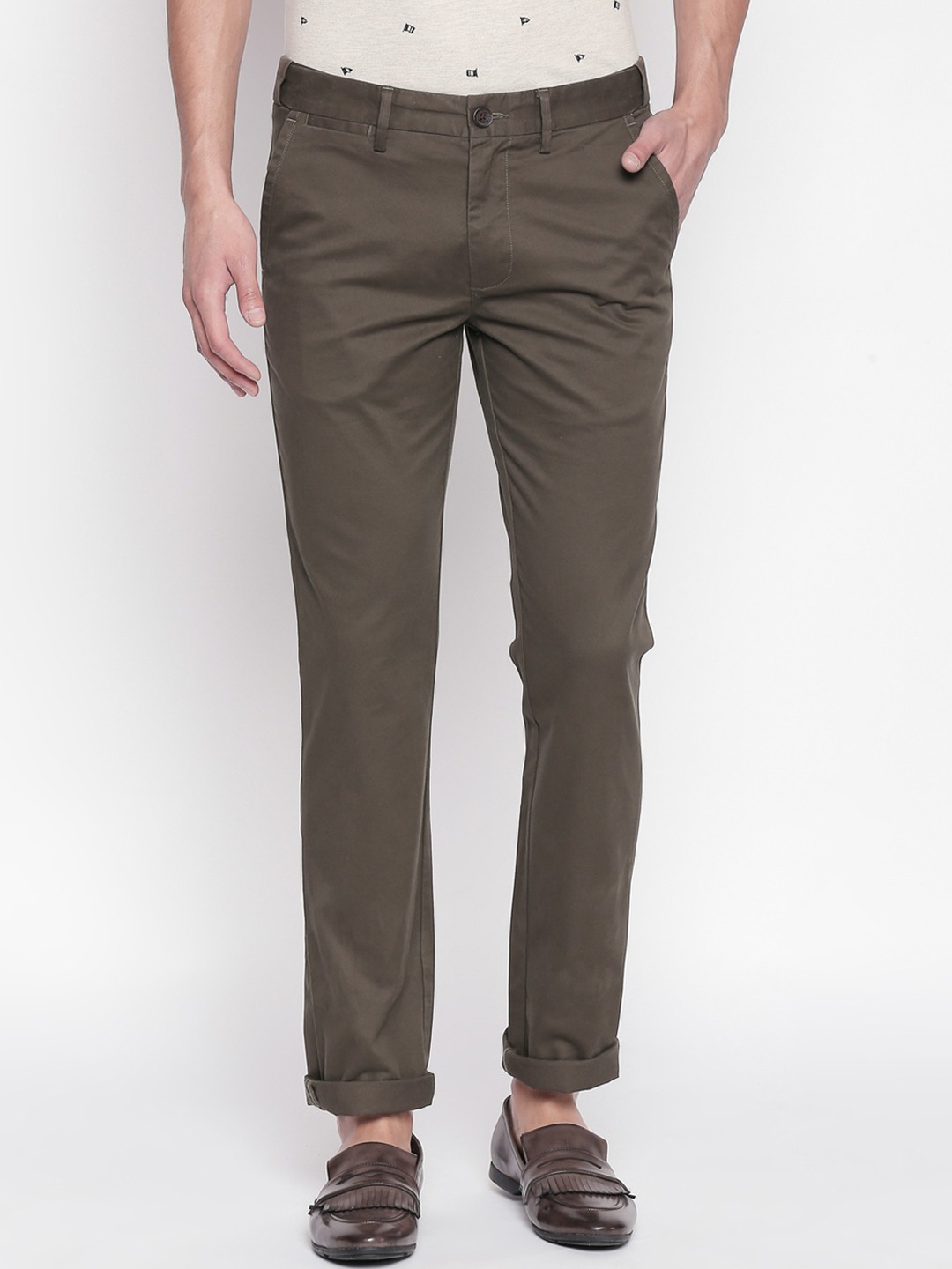 

BYFORD by Pantaloons Men Olive Brown Slim Fit Solid Regular Trousers