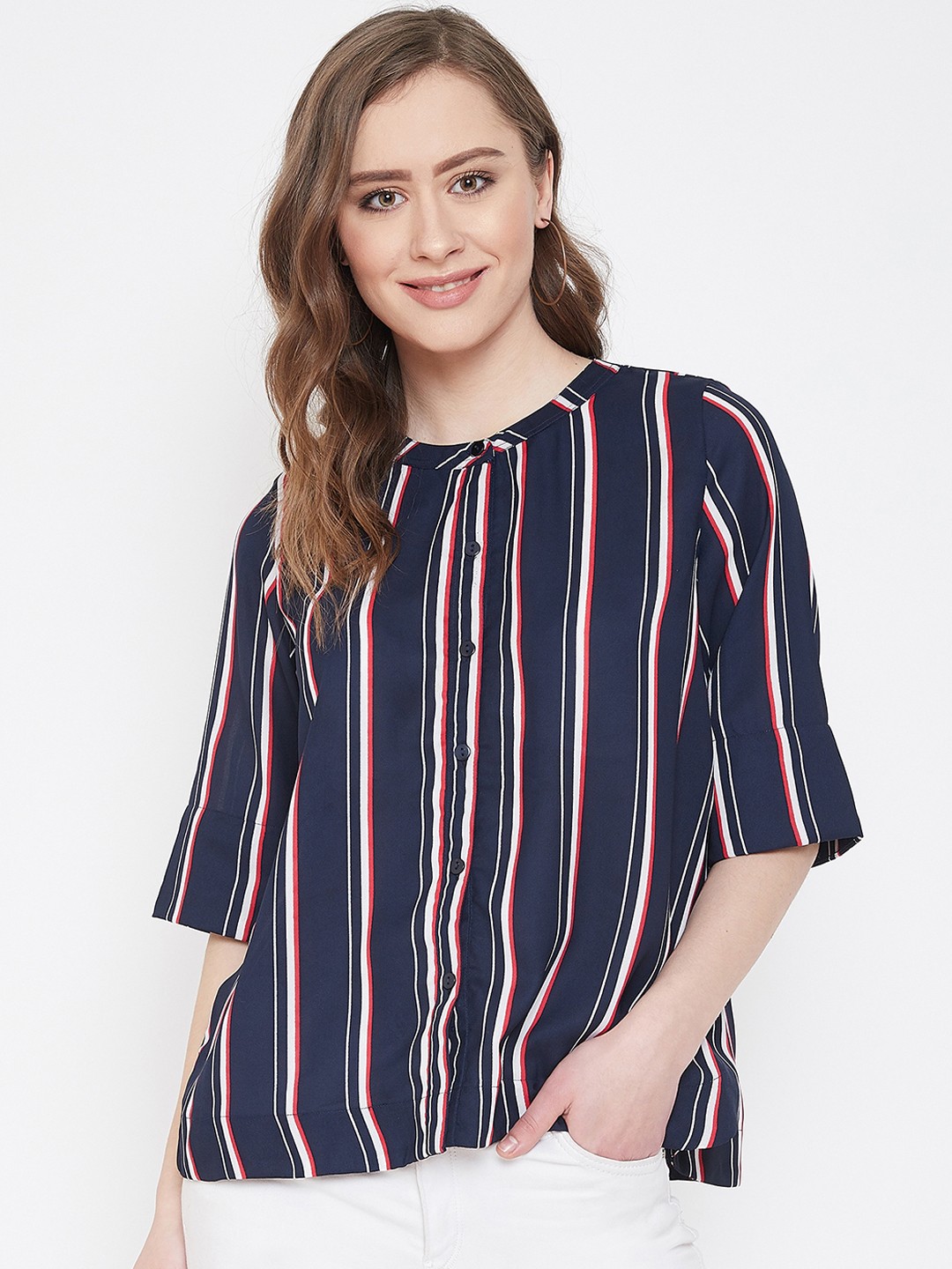 

Ruhaans Women Navy Blue & White Regular Fit Striped Casual Shirt