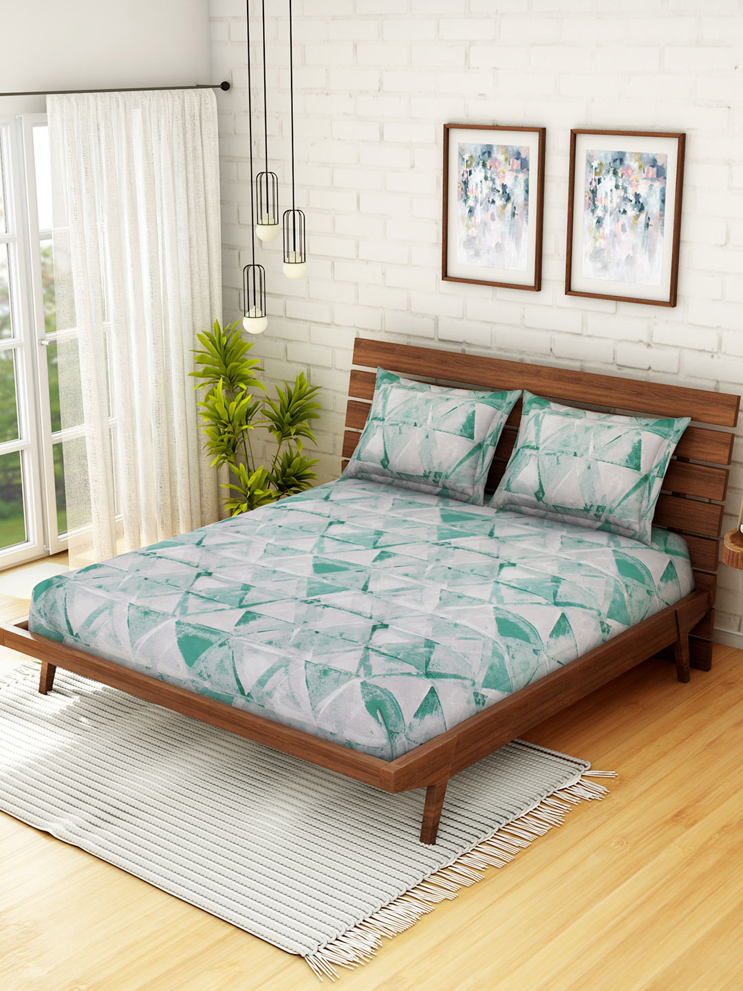 

WELHOME Teal & White Abstract 200 TC Microfiber 1 Queen Bedsheet with 2 Pillow Covers