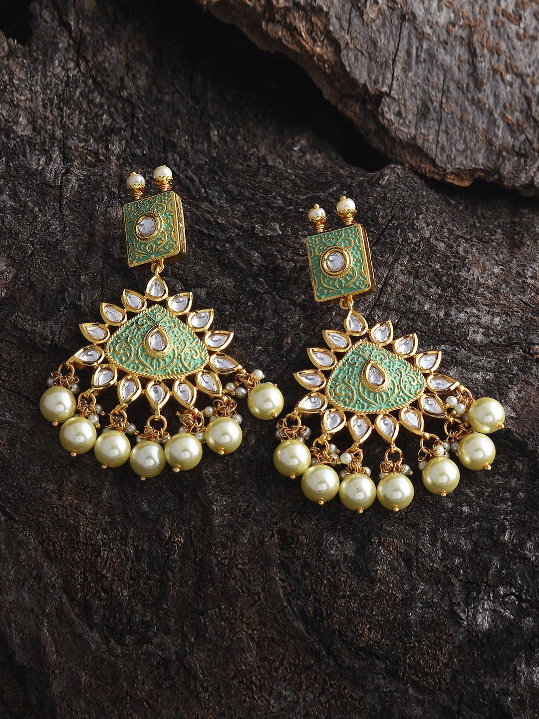

Tistabene Green & Gold-Plated Enamelled Square Drop Earrings