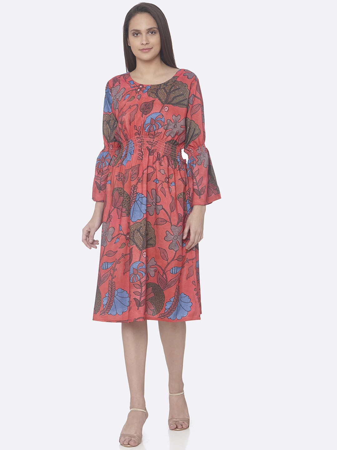 

RAISIN Women Coral Red & Blue Printed A-Line Dress