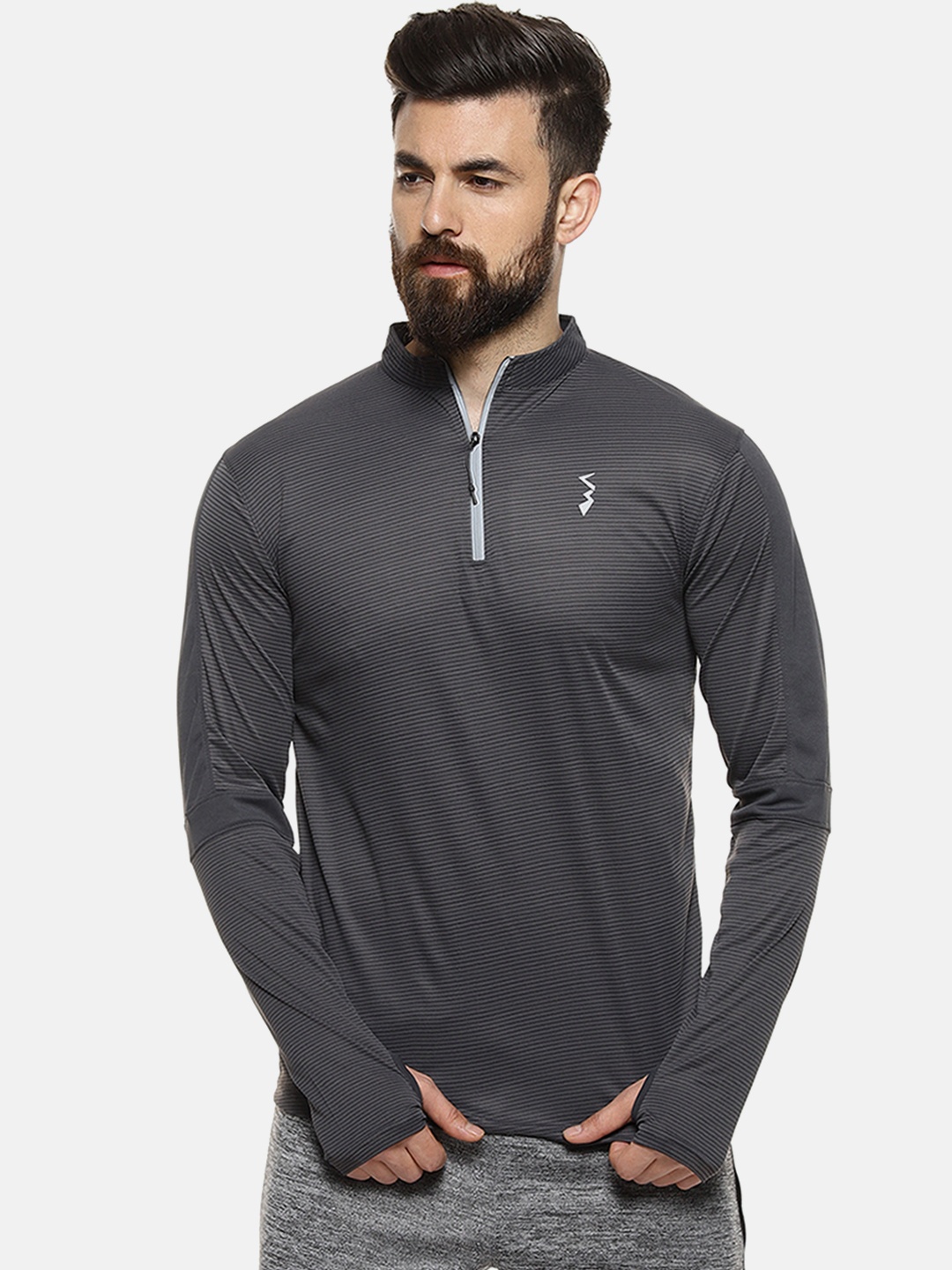 

Campus Sutra Men Charcoal Striped Mandarin Collar T-shirt