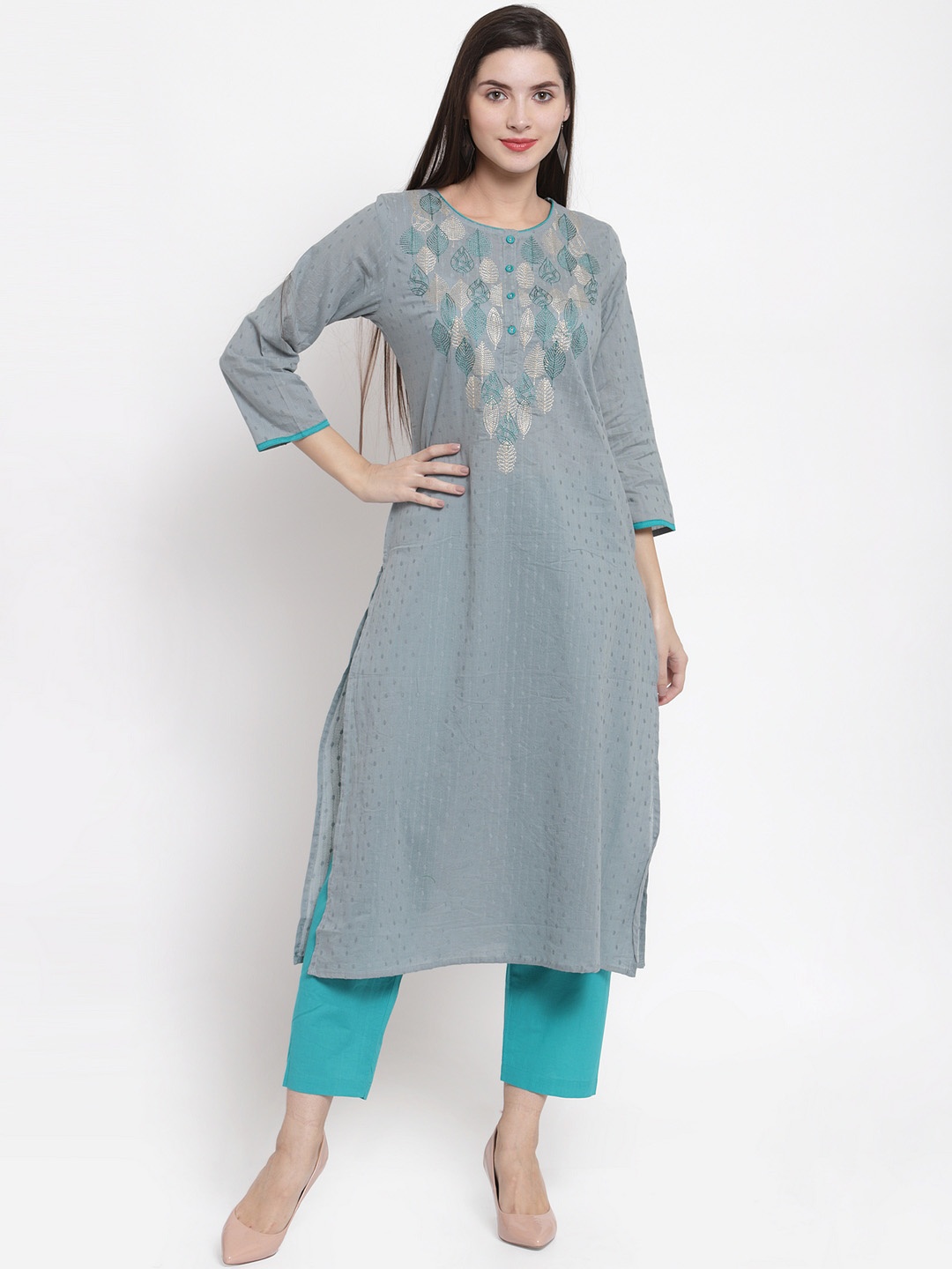 

The Kurta Express Women Grey & Green Yoke Design Straight Kurta