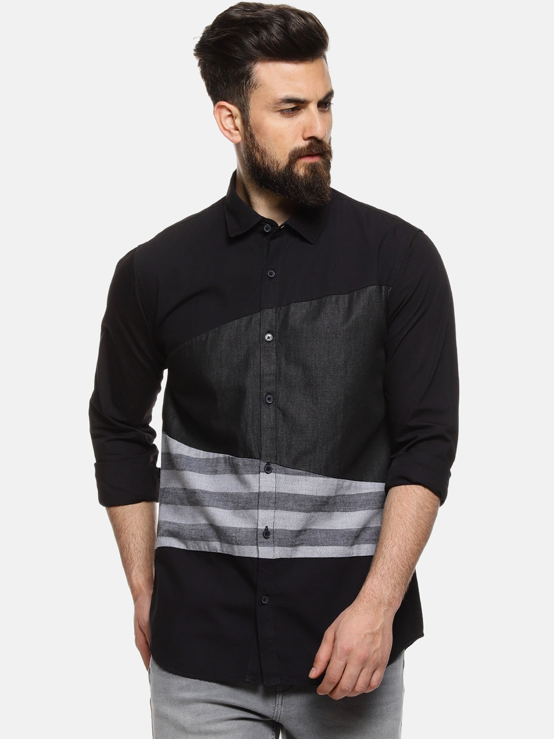 

Campus Sutra Men Black & Grey Regular Fit Striped Casual Shirt