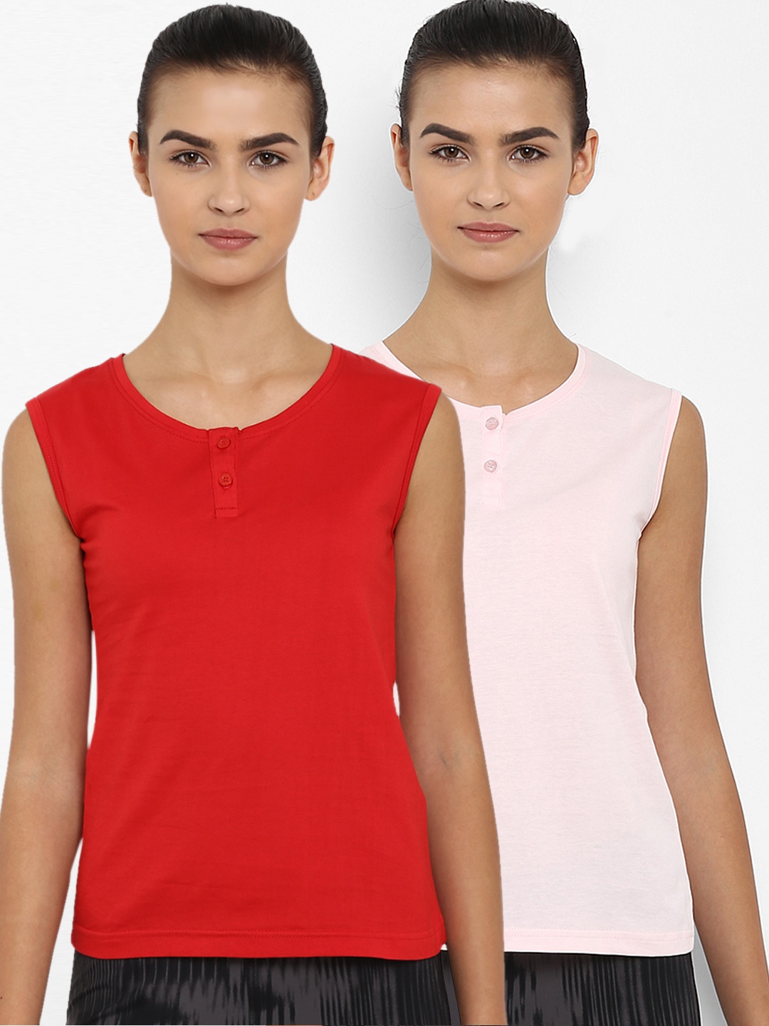 

appulse Women Pack of 2 Solid Henley Neck Slim Fit T-shirts, Red