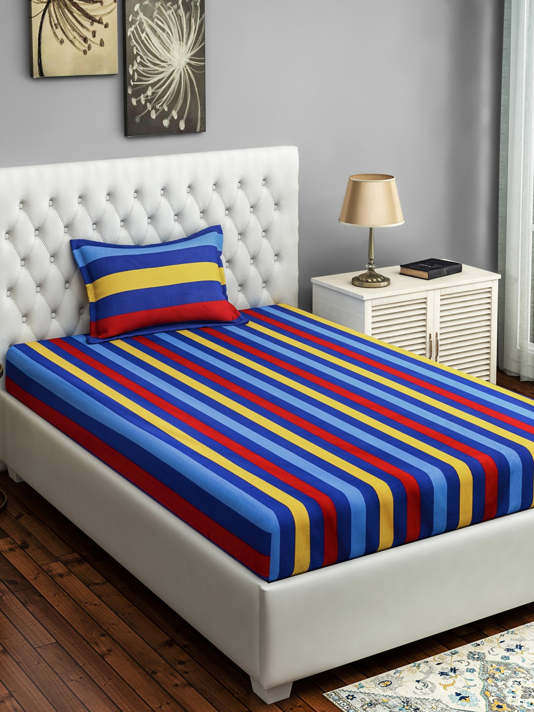 

SWAYAM Blue & Yellow Striped 180 TC Cotton 1 Single Bedsheet with 1 Pillow Covers