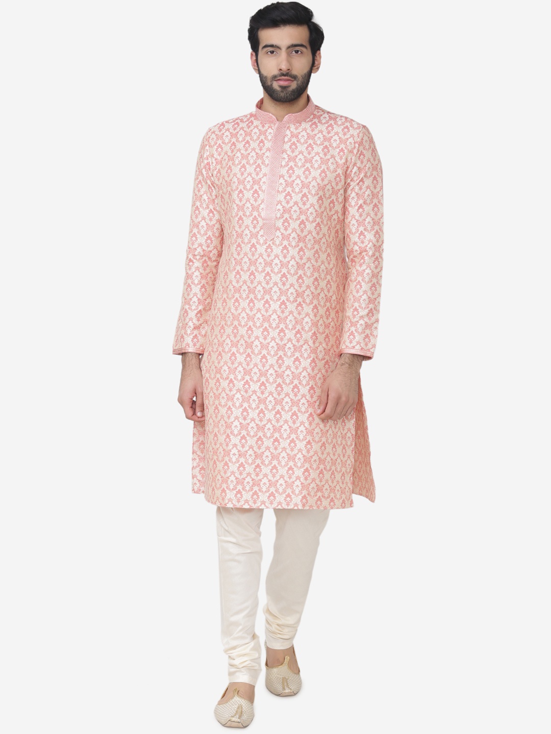 

Manyavar Men Pink & Off-White Self Design Kurta with Churidar