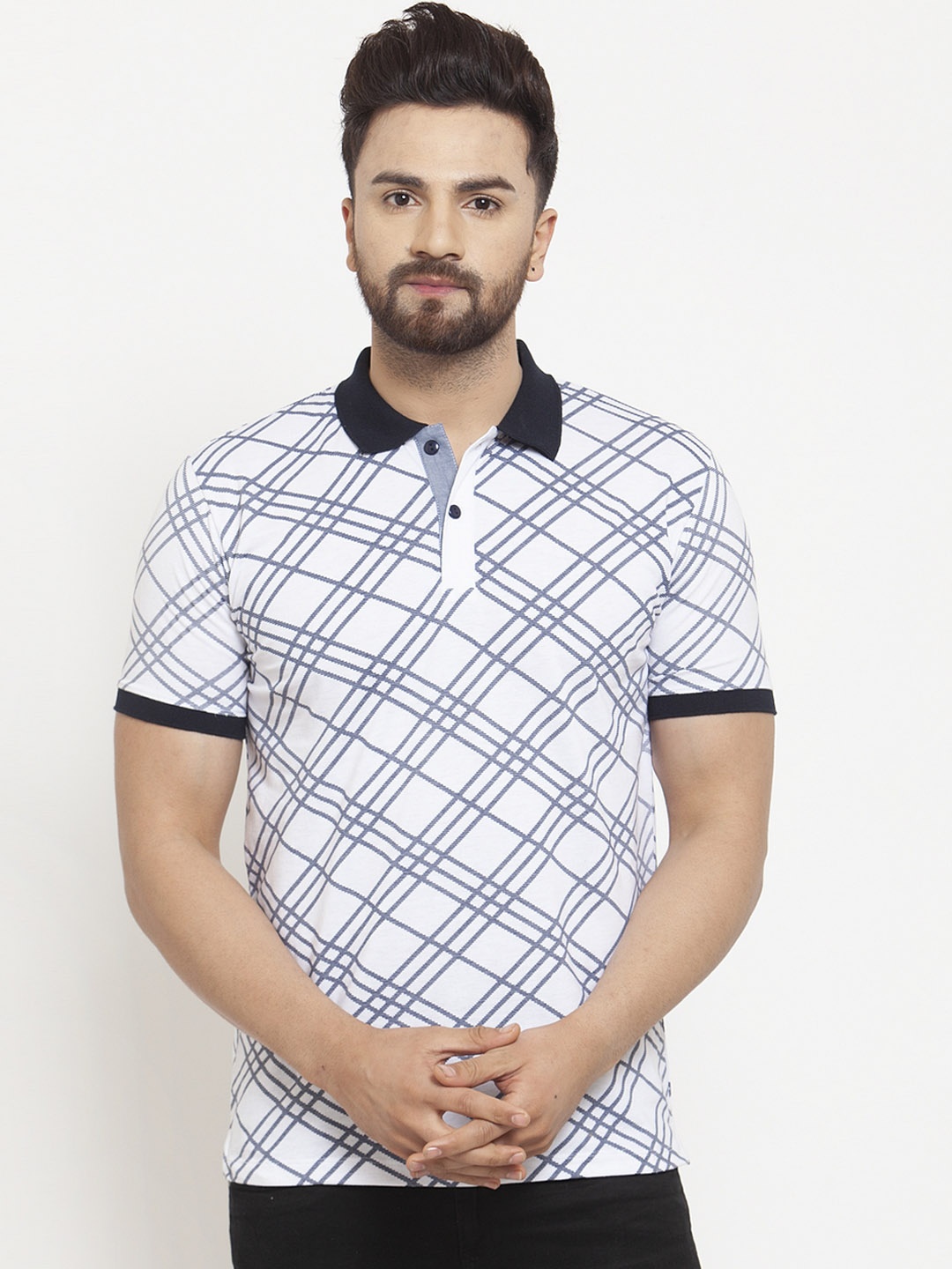 

WILD WEST Men White & Blue Checked Polo Collar T-shirt