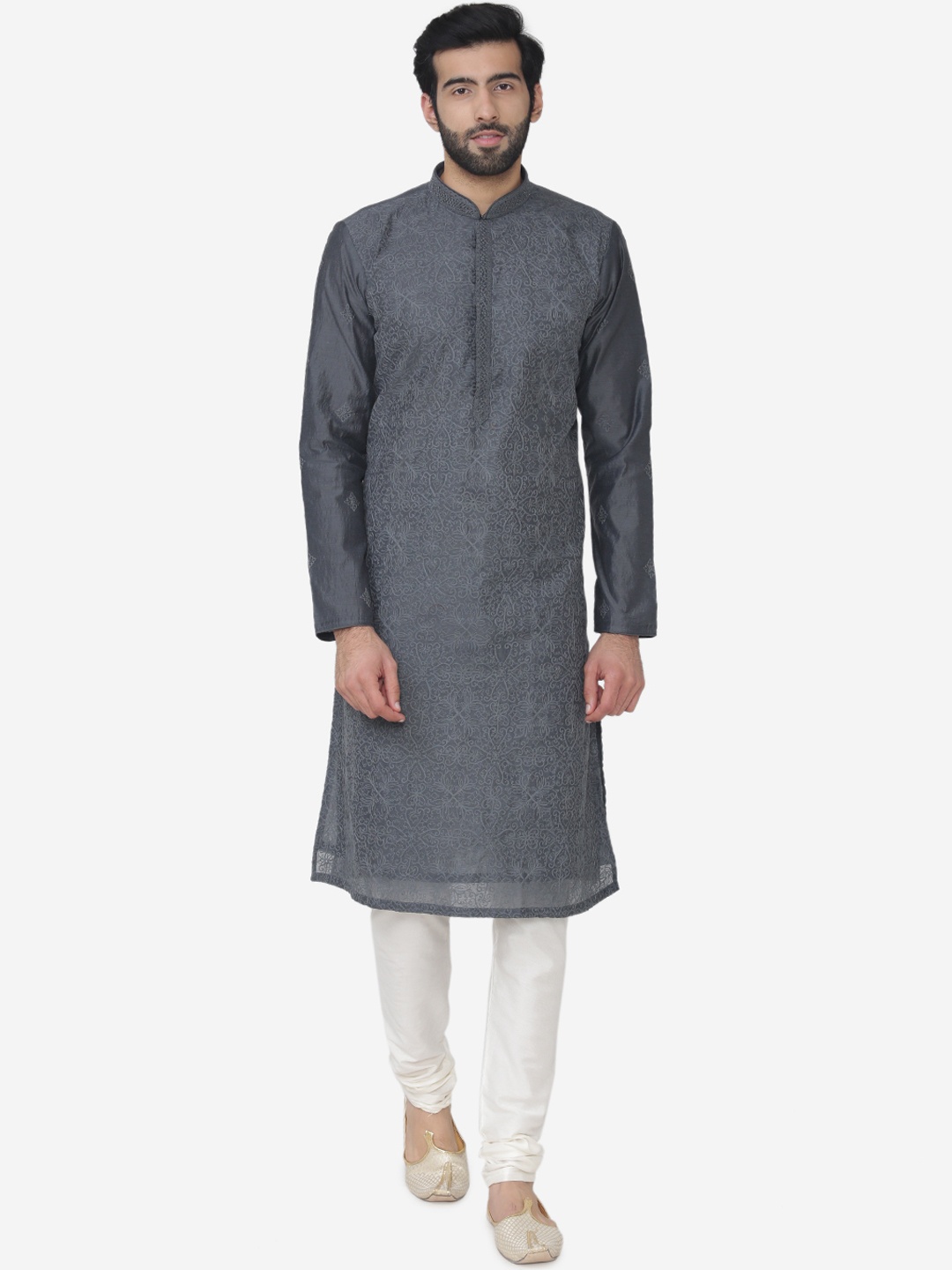 

Manyavar Men Grey & White Embroidered Kurta with Churidar