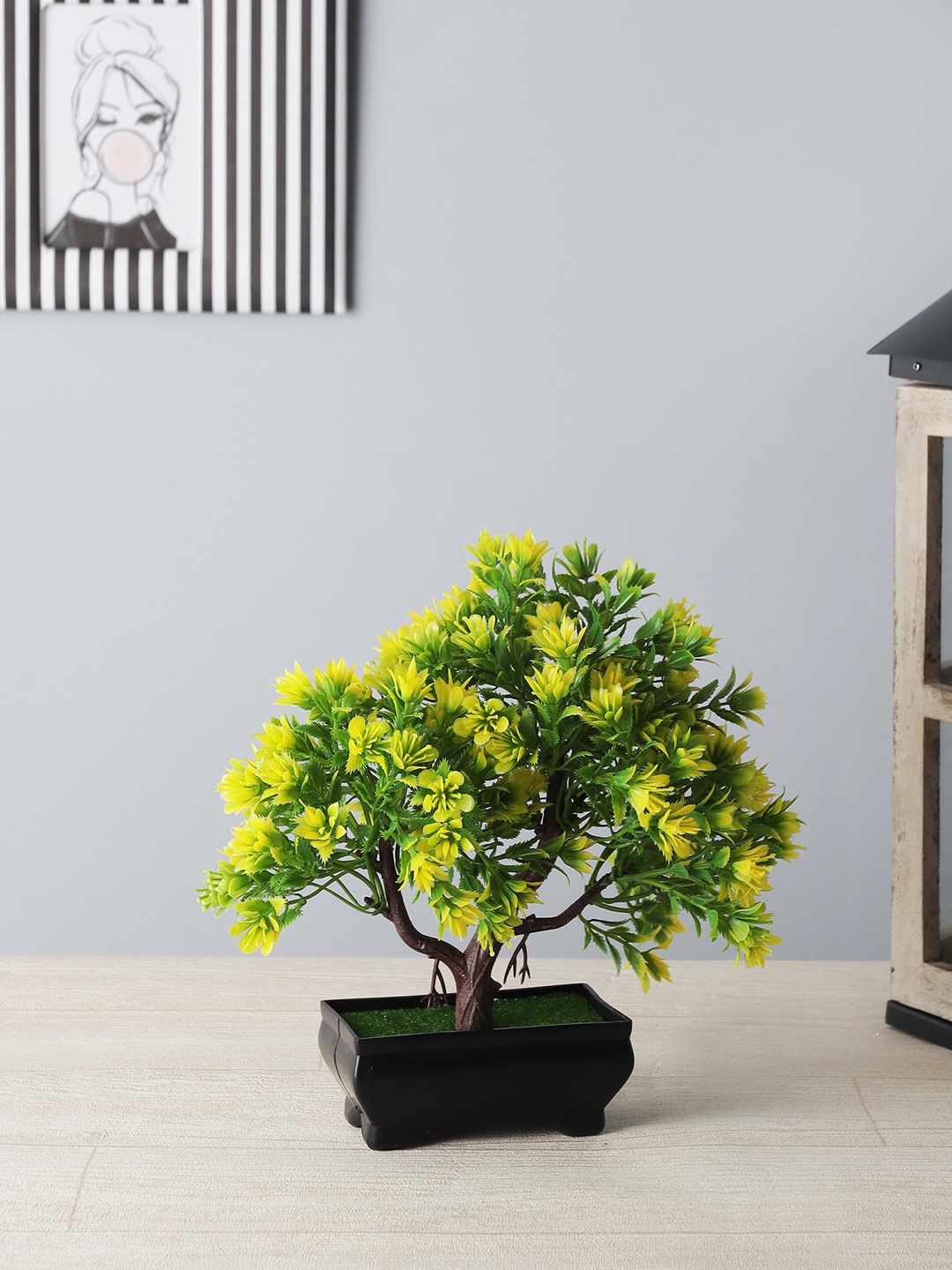 

FOLIYAJ Green & Yellow Artificial 3 Branched Bonsai Tree Plant with Pot