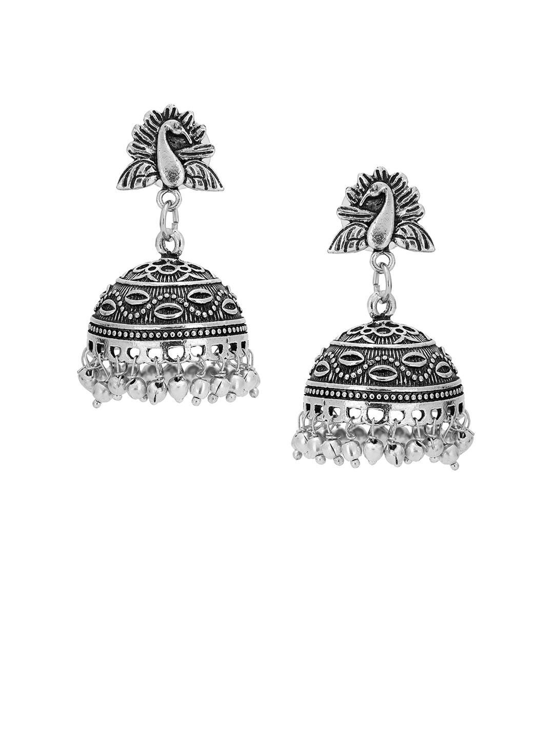 

Adwitiya Collection Silver-Plated Dome Shaped Oxidised Jhumkas