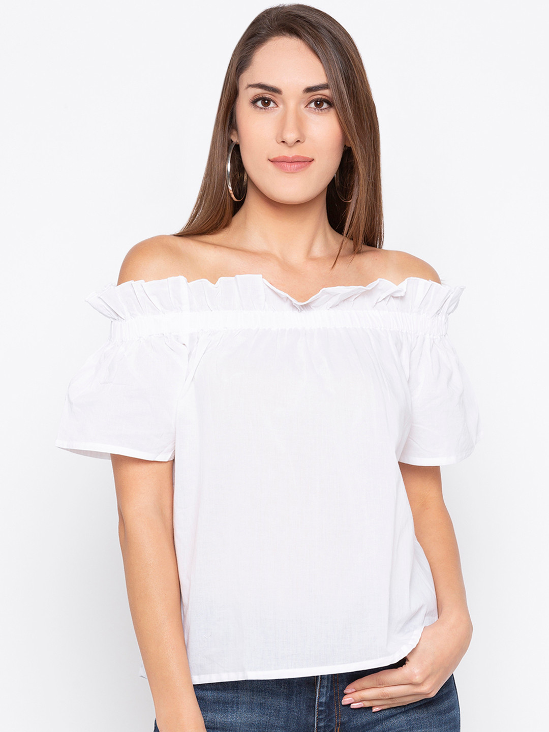 

Globus Women White Solid Bardot Pure Cotton Top