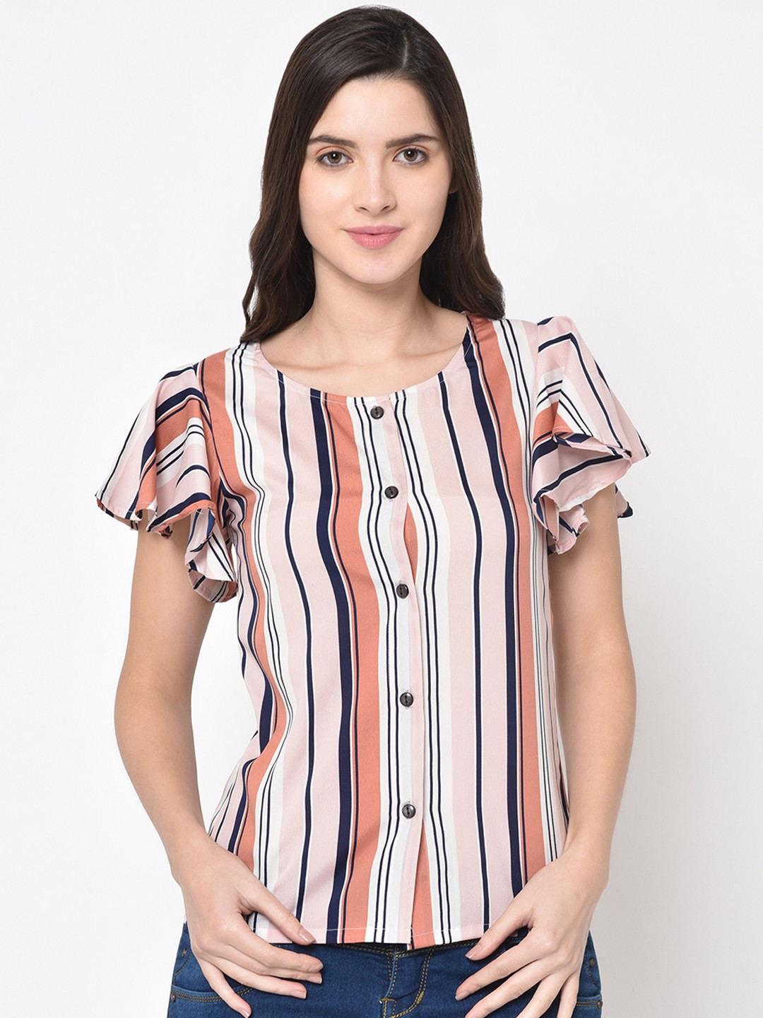 

PHWOAR Women Peach-Coloured Striped Shirt Style Top