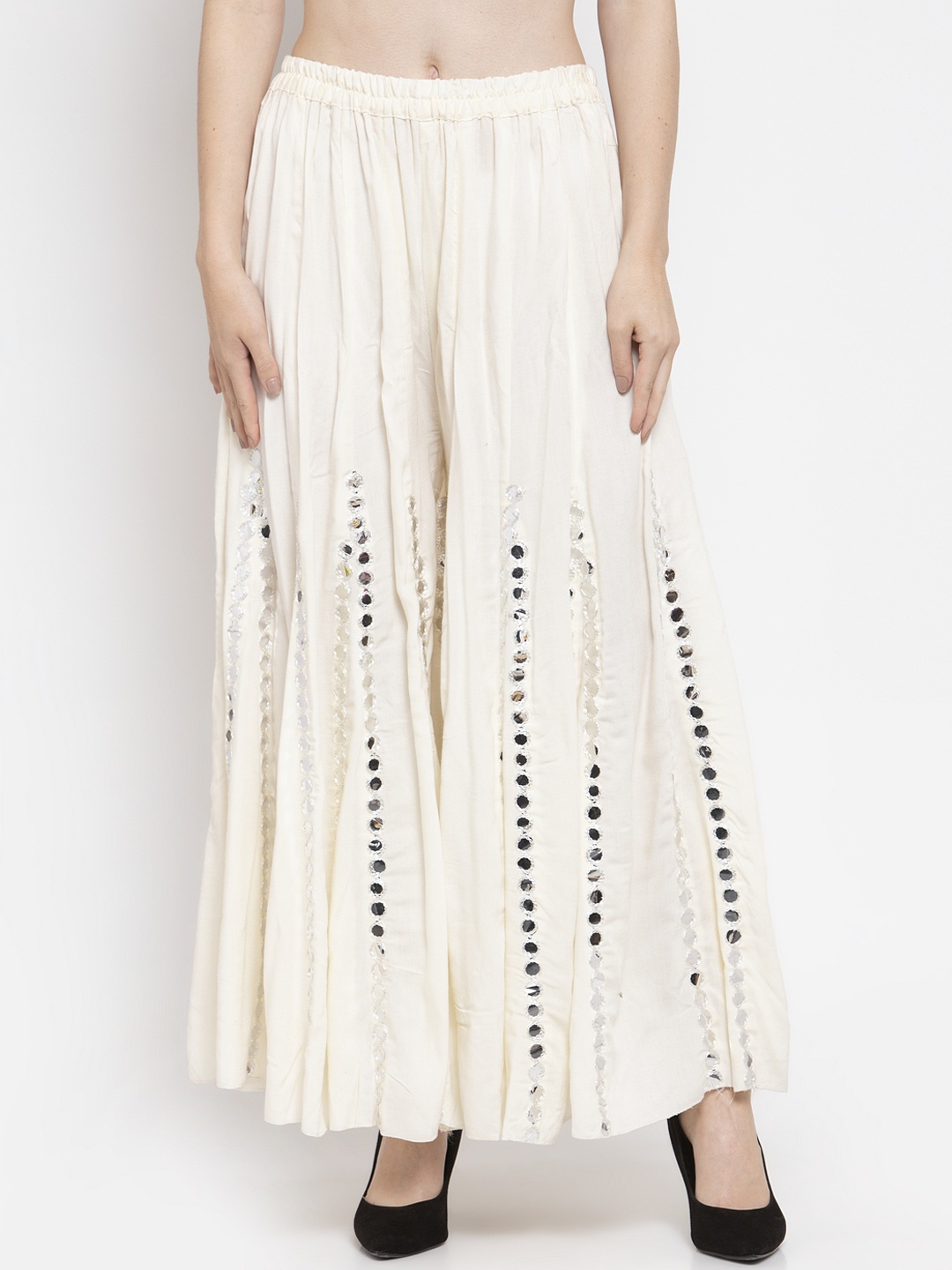 

Clora Creation Women Cream-Coloured Mirror Work Flared Palazzos