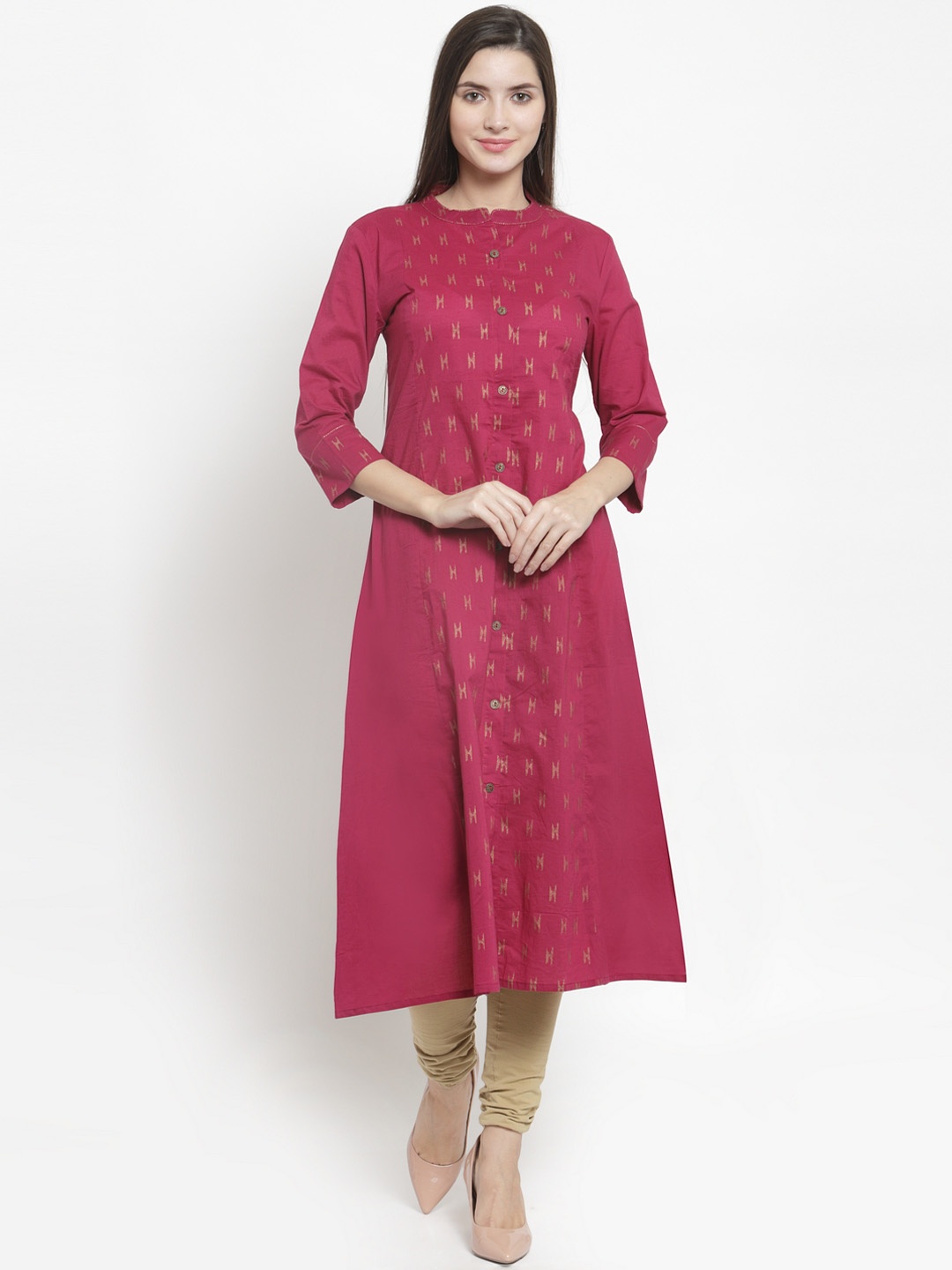 

The Kurta Express Women Pink & Gold-Coloured Printed A-Line Kurta