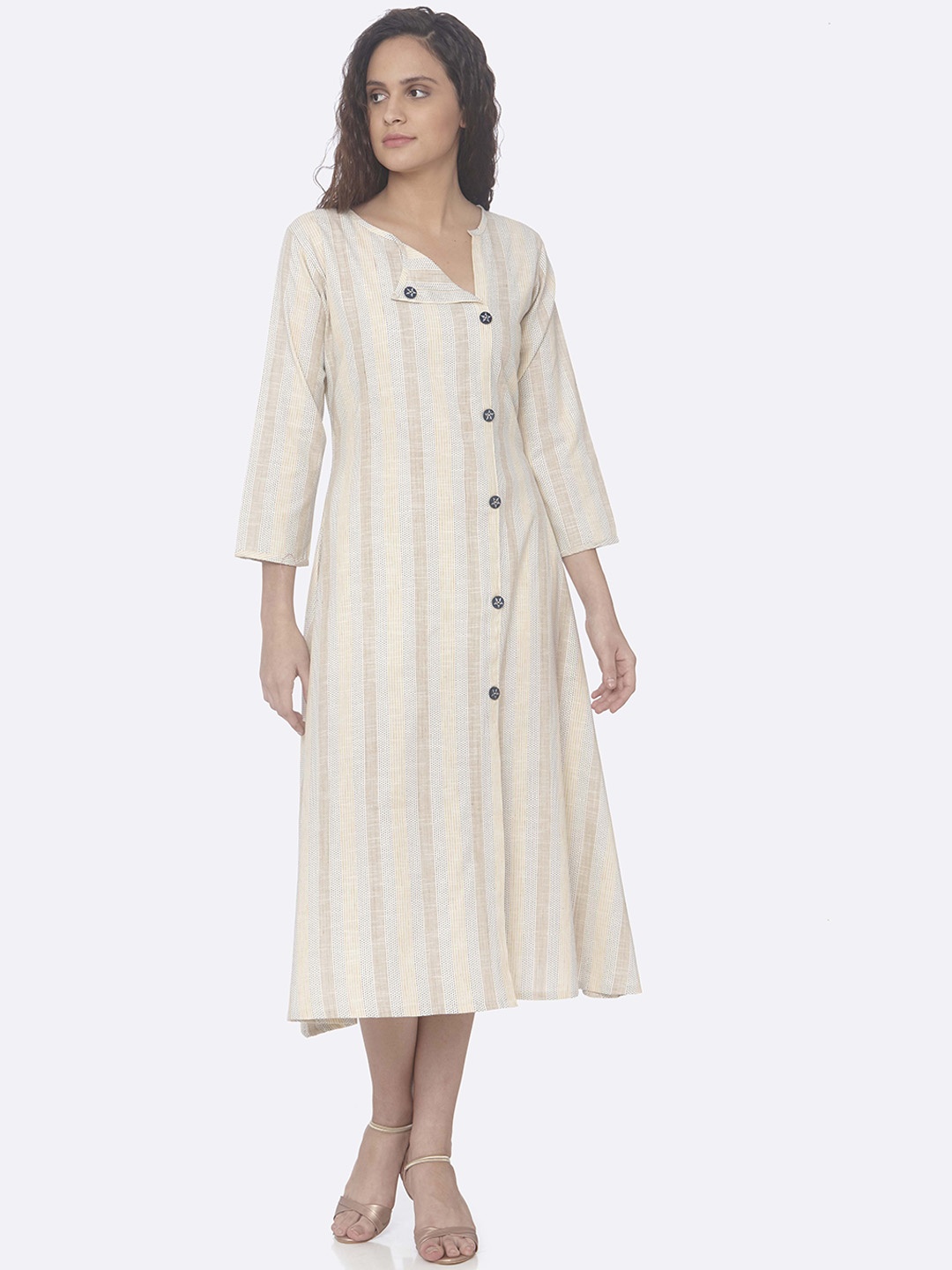 

RAISIN Women Cream-Coloured & Brown Striped A-Line Dress