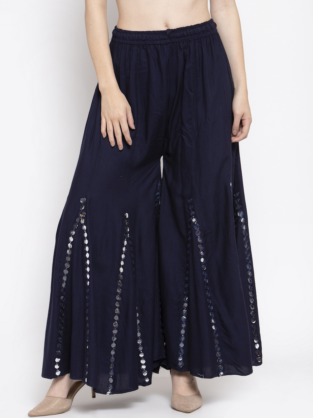 

Clora Creation Women Navy Blue Mirror Work Flared Palazzos