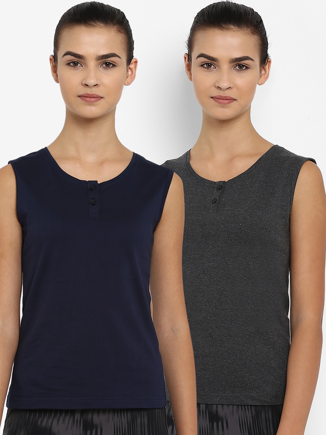 

appulse Women Pack of 2 Solid Henley Neck Slim Fit T-shirts, Navy blue