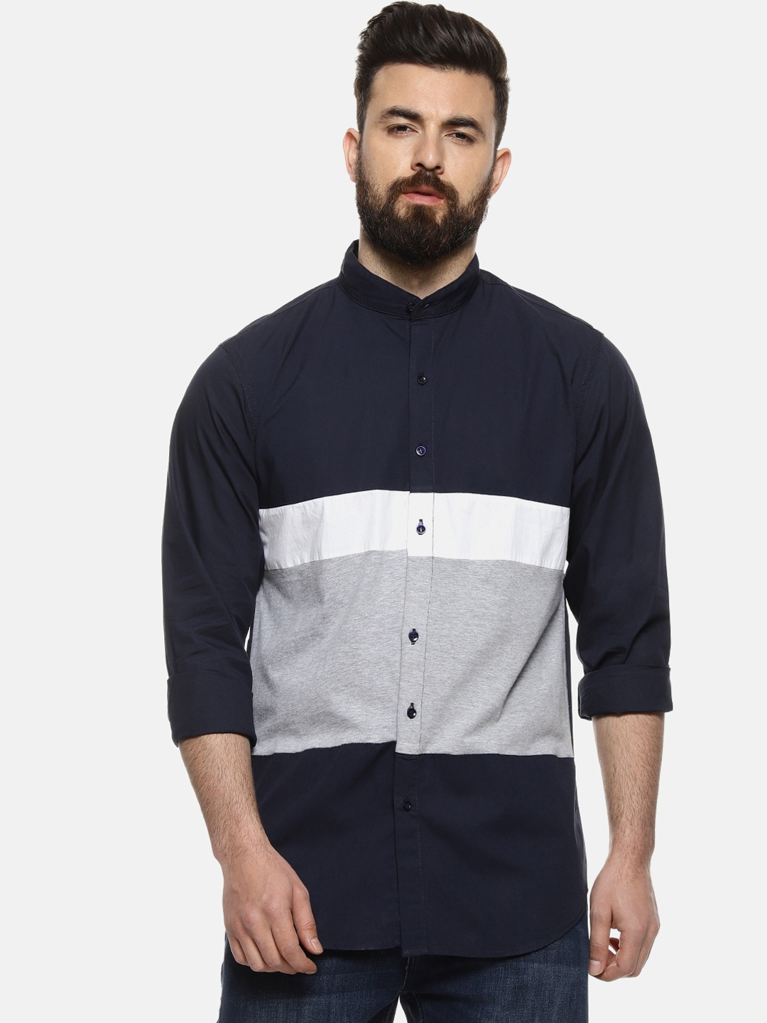 

Campus Sutra Men Navy Blue & White Regular Fit Colourblocked Casual Shirt