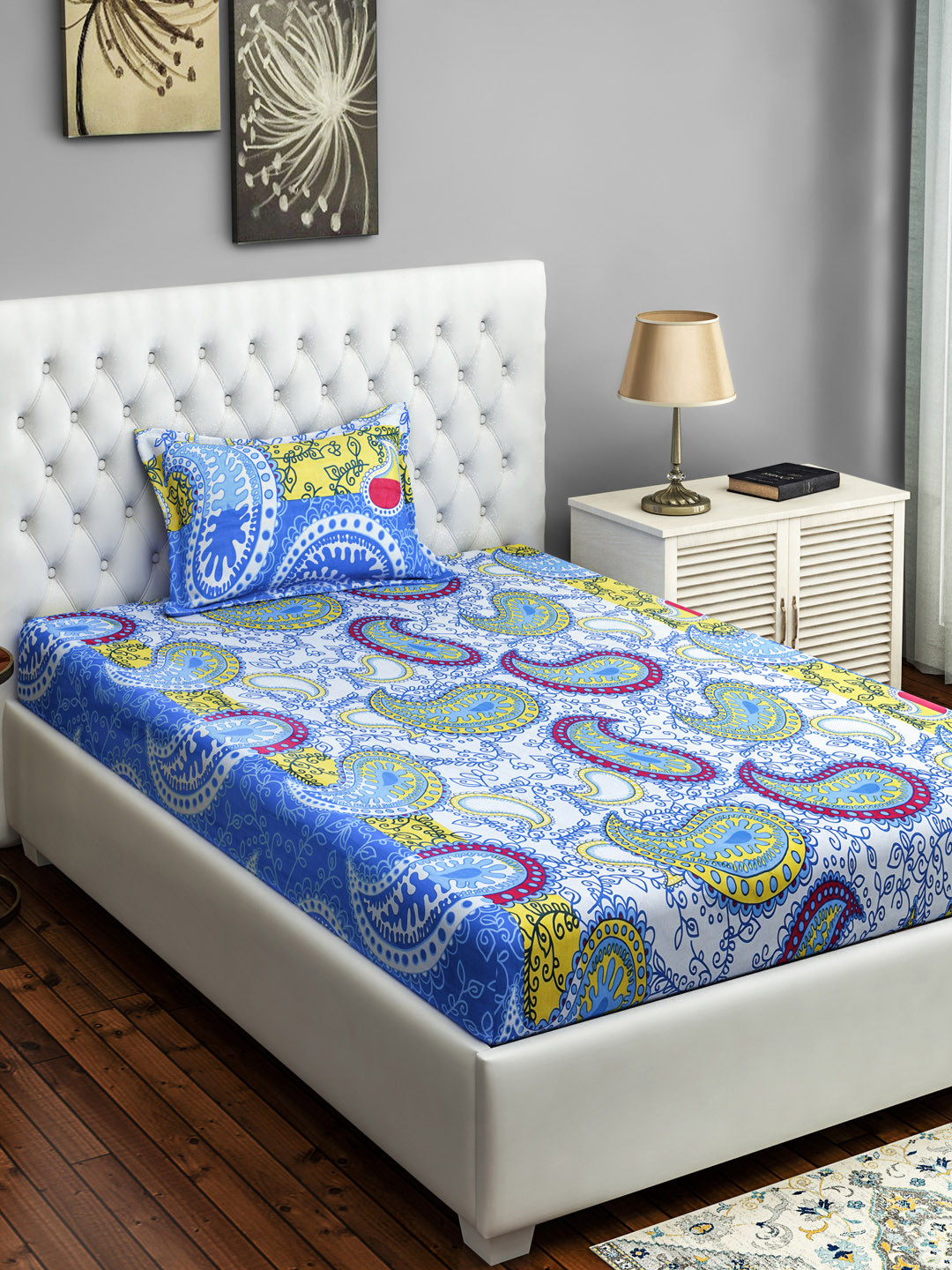 

SWAYAM Blue & Yellow Ethnic Motifs 160 TC Cotton 1 Single Bedsheet with 1 Pillow Covers