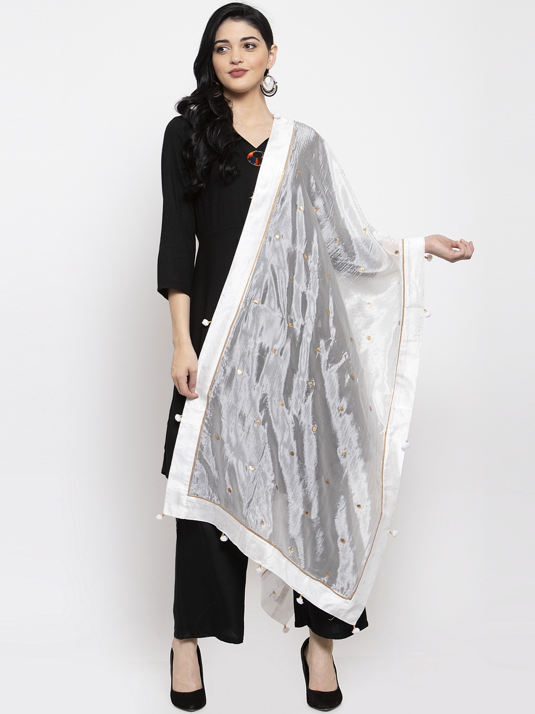 

Clora Creation White & Gold-Coloured Polka Dot Printed Dupatta