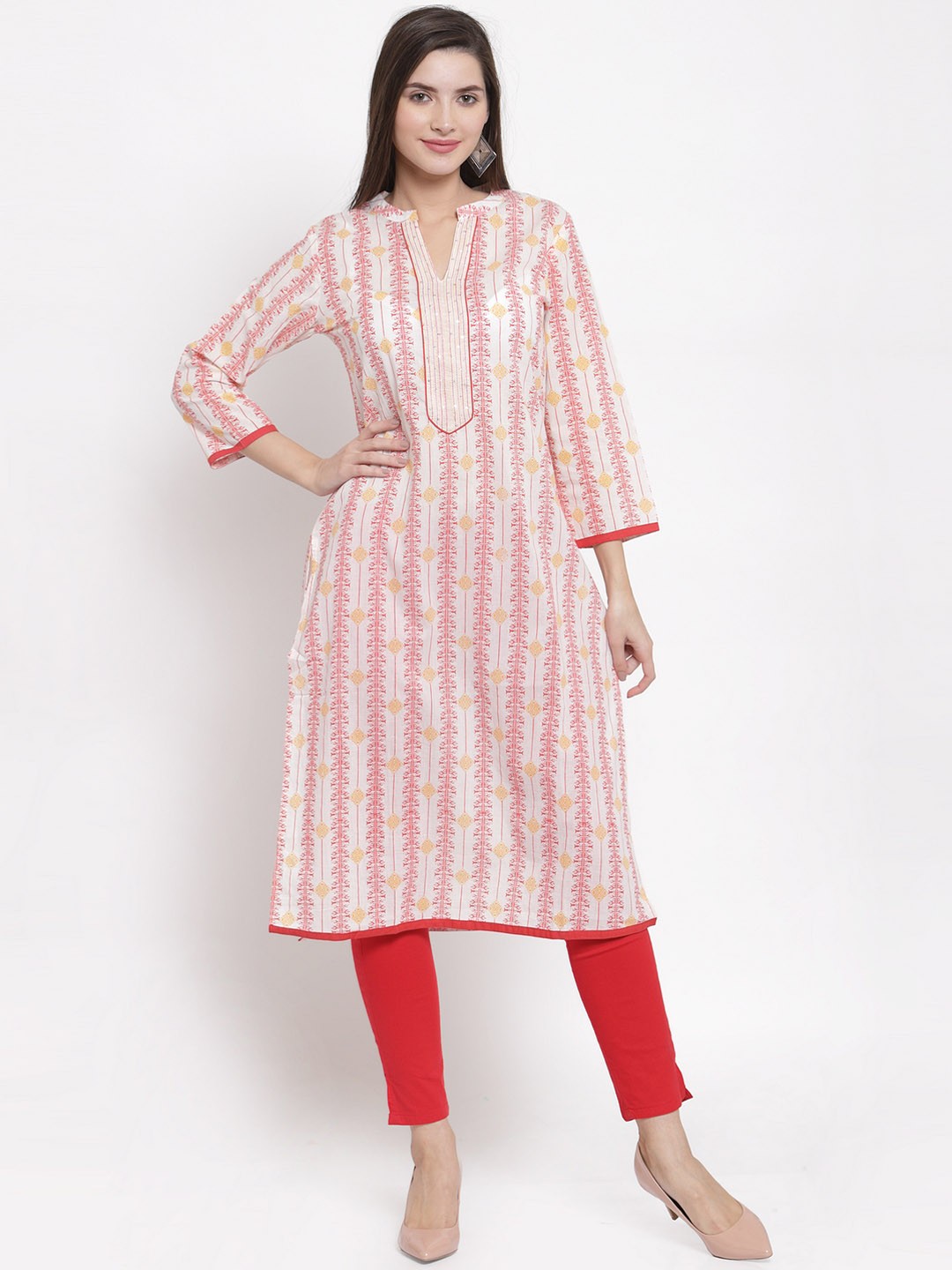 

The Kurta Express Women Coral & White Printed Straight Kurta