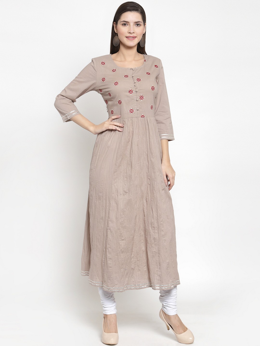 

The Kurta Express Women Beige & Red Embroidered A-Line Kurta