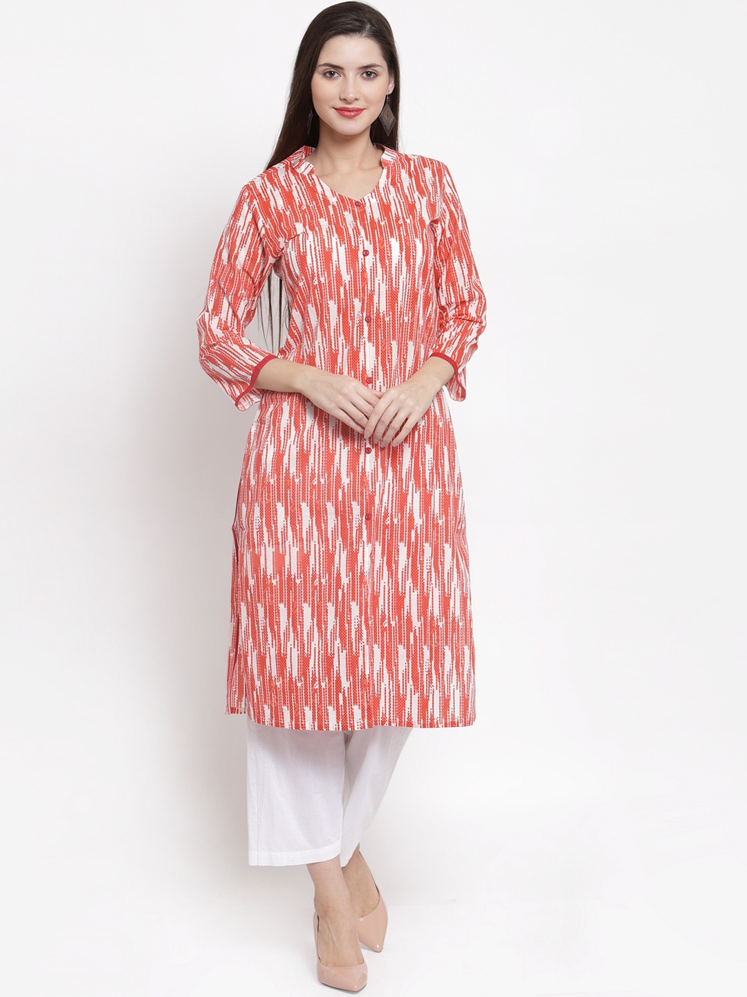 

The Kurta Express Women Orange & White Printed Straight Kurta