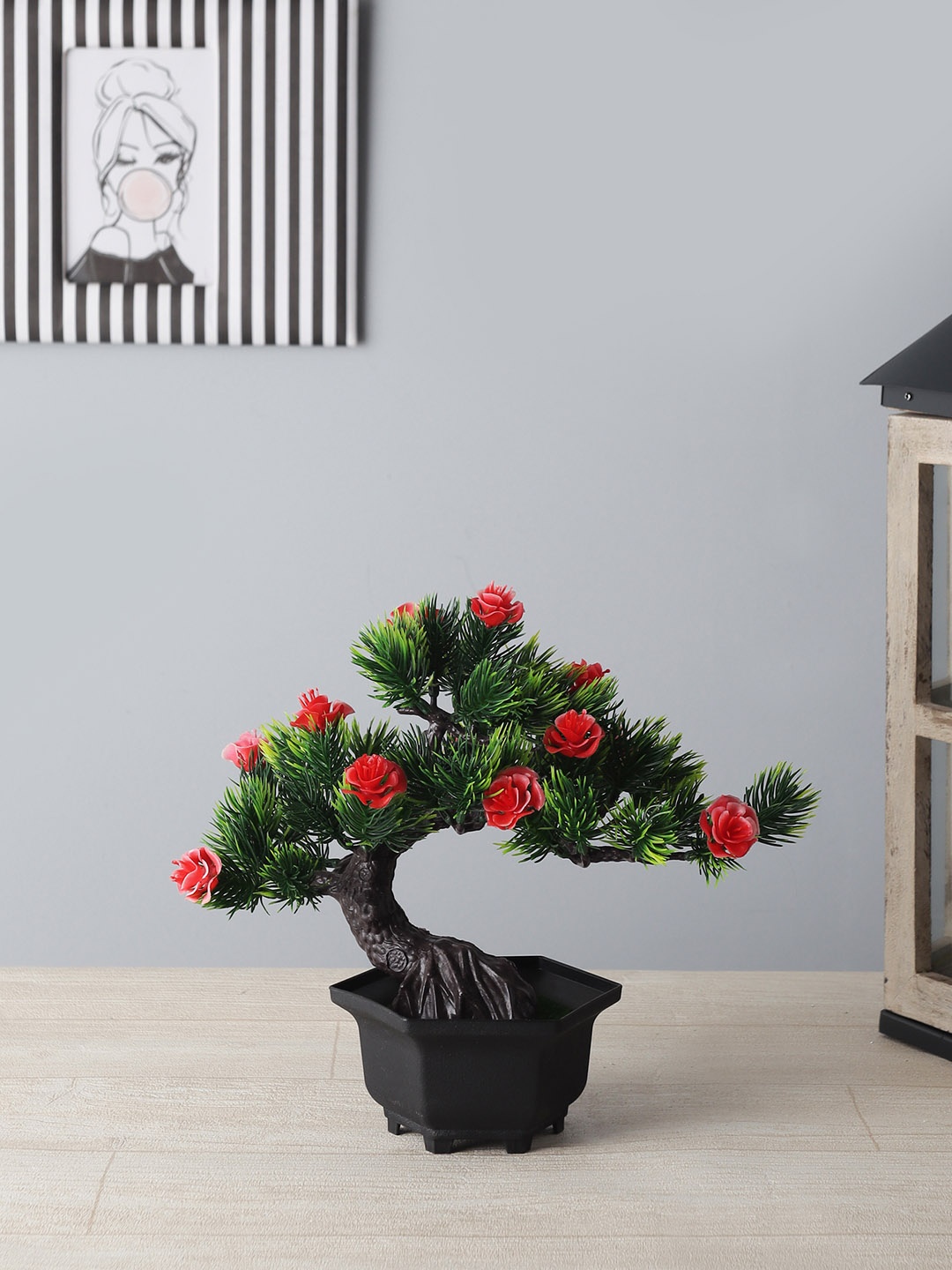 

FOLIYAJ Unisex Green & Red Artificial Pine Leaves & Flowers Bent Bonsai Plant With Black Pot