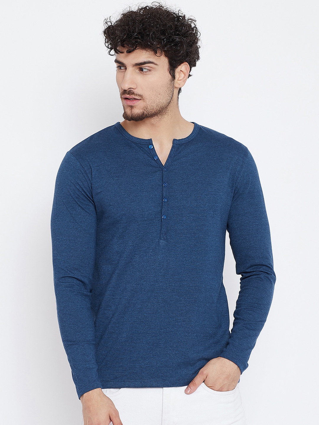 

LE BOURGEOIS Men Blue Solid Henley Neck T-shirt