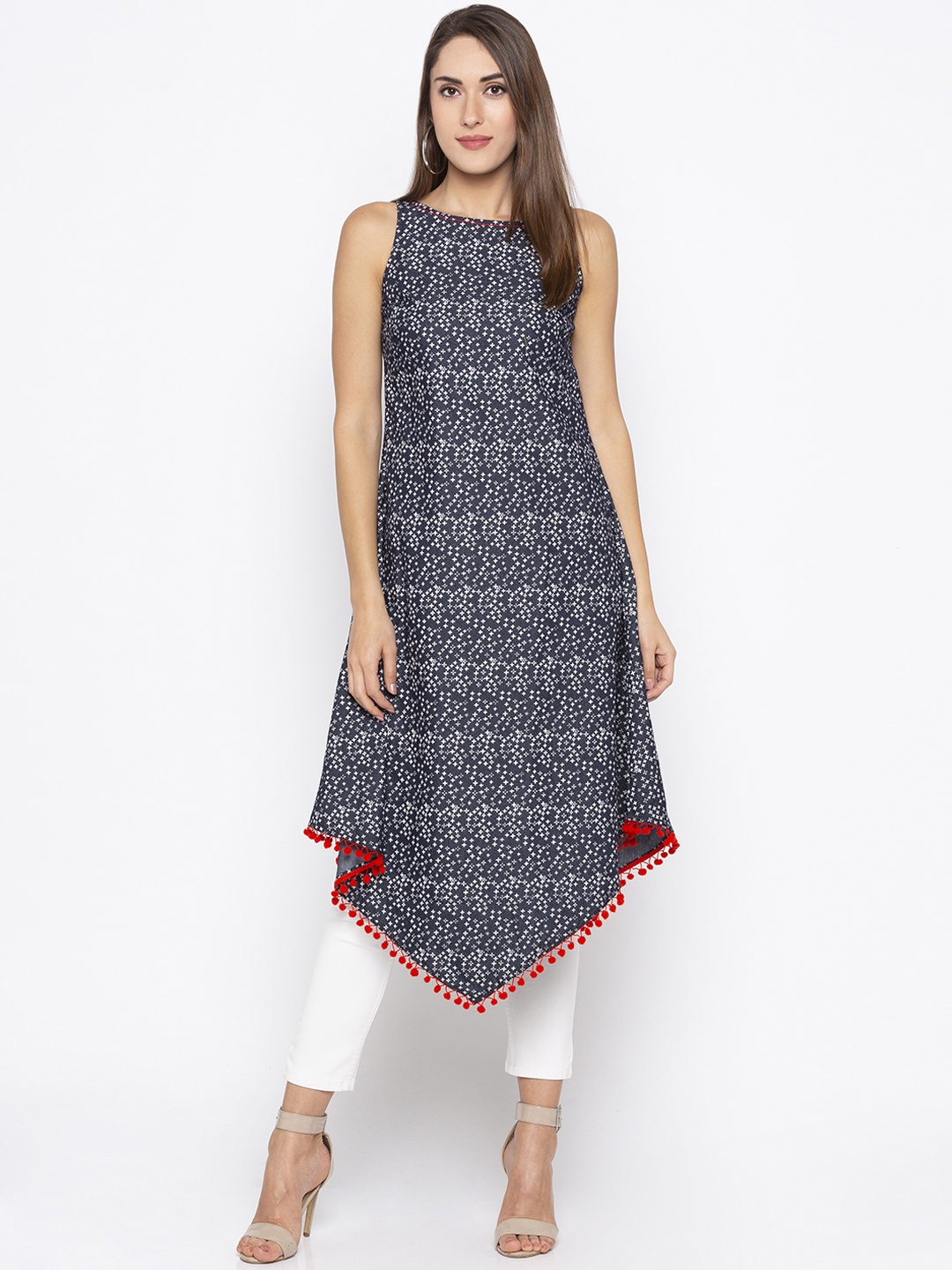 

Globus Women Navy Blue & White Printed A-Line Kurta