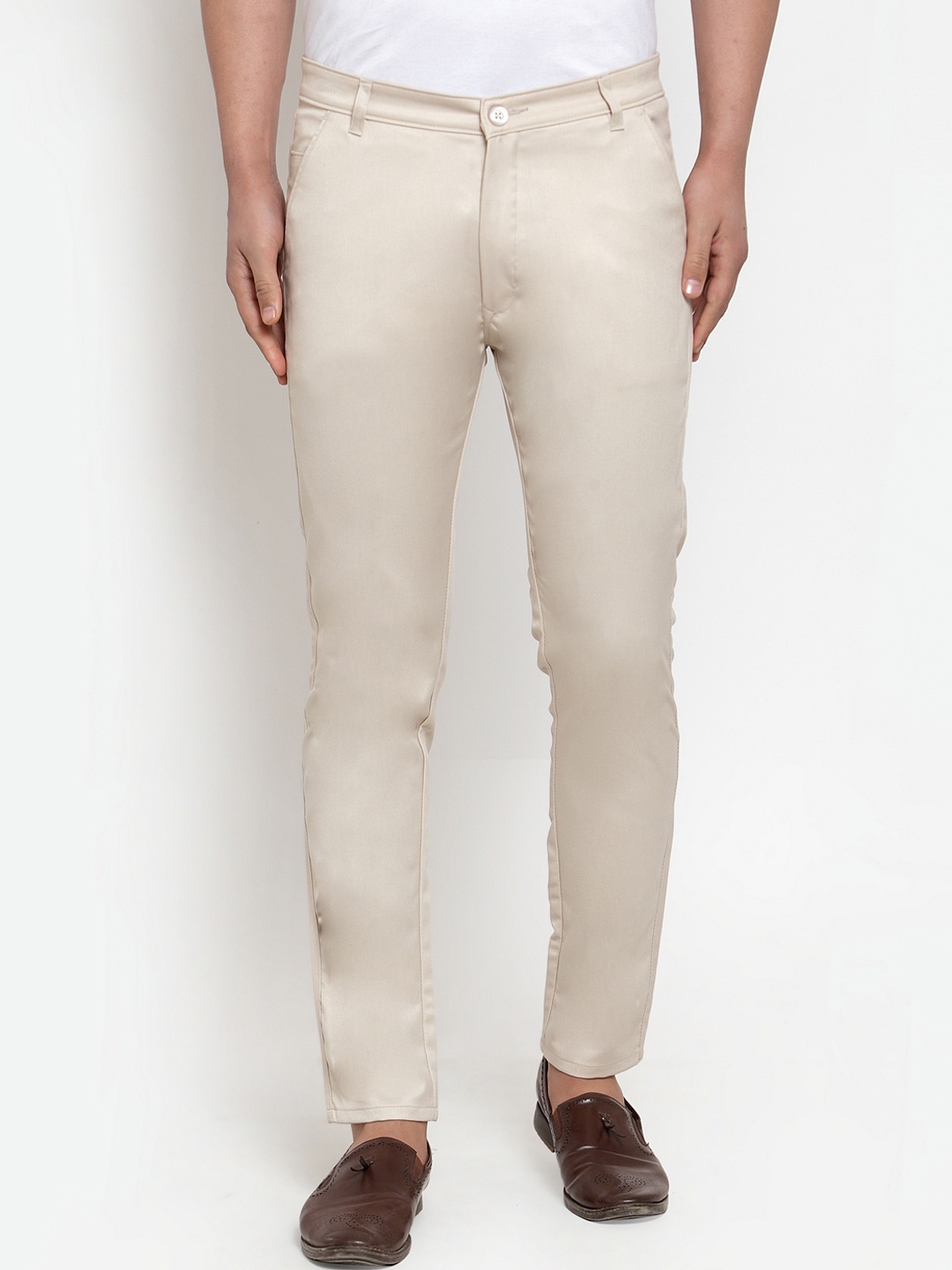 

JAINISH Men Cream-Coloured Smart Slim Fit Solid Regular Trousers