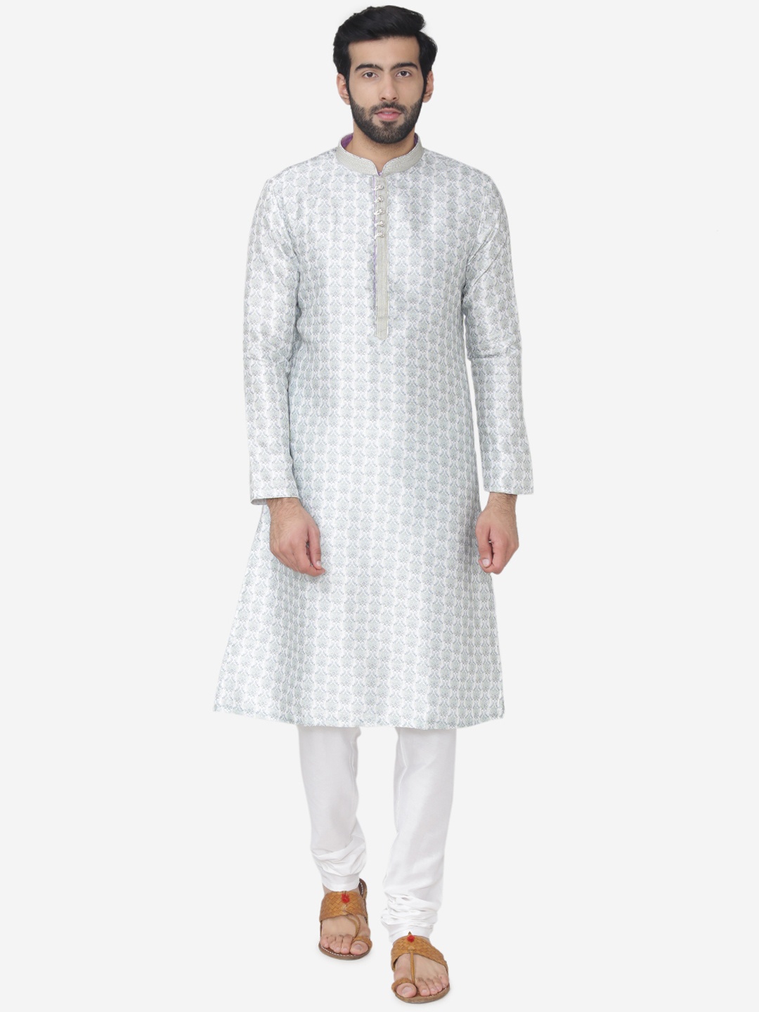 

Manyavar Men Green & White Printed Kurta with Churidar