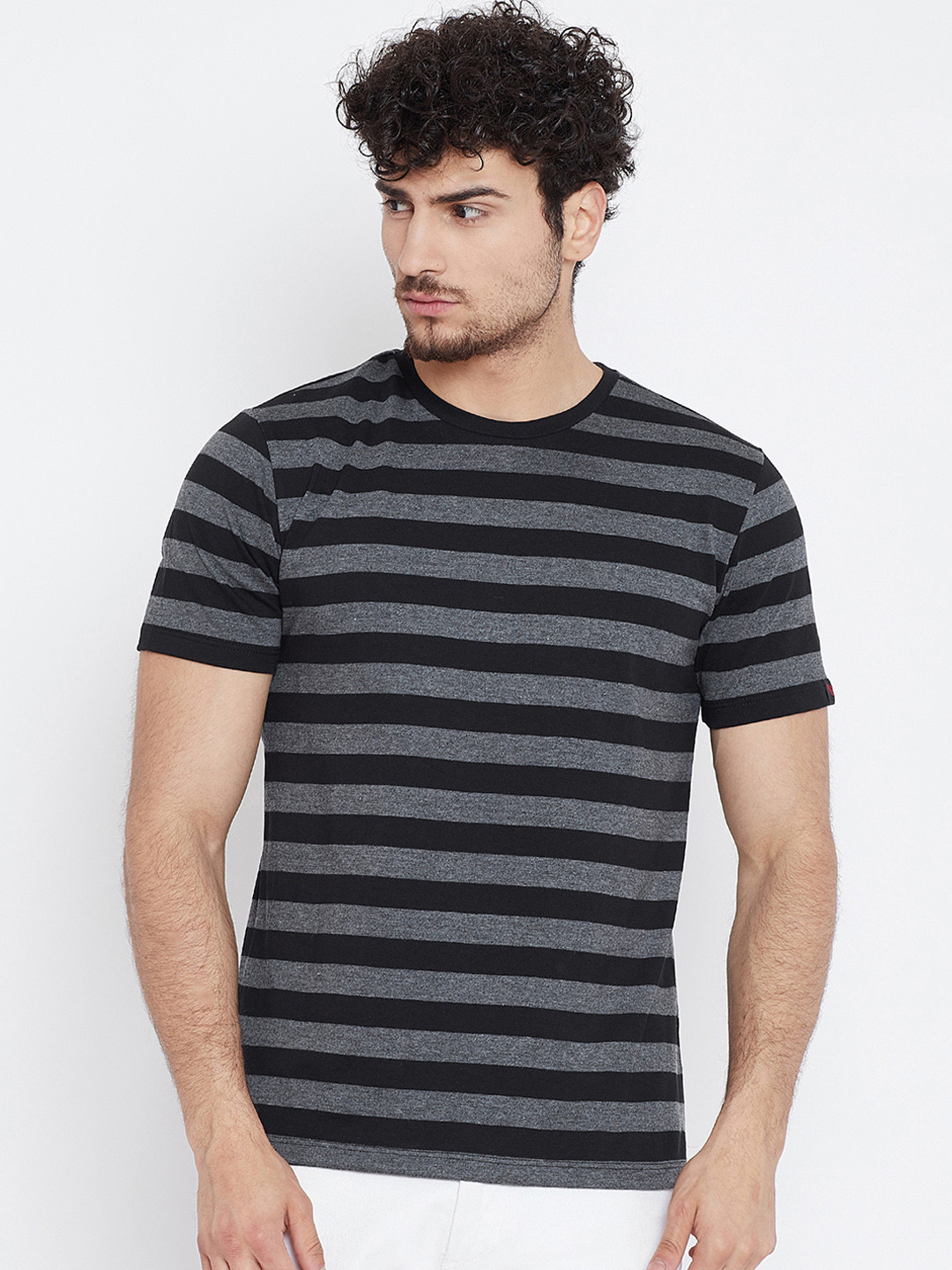 

LE BOURGEOIS Men Black 7 Grey Striped Round Neck T-shirt
