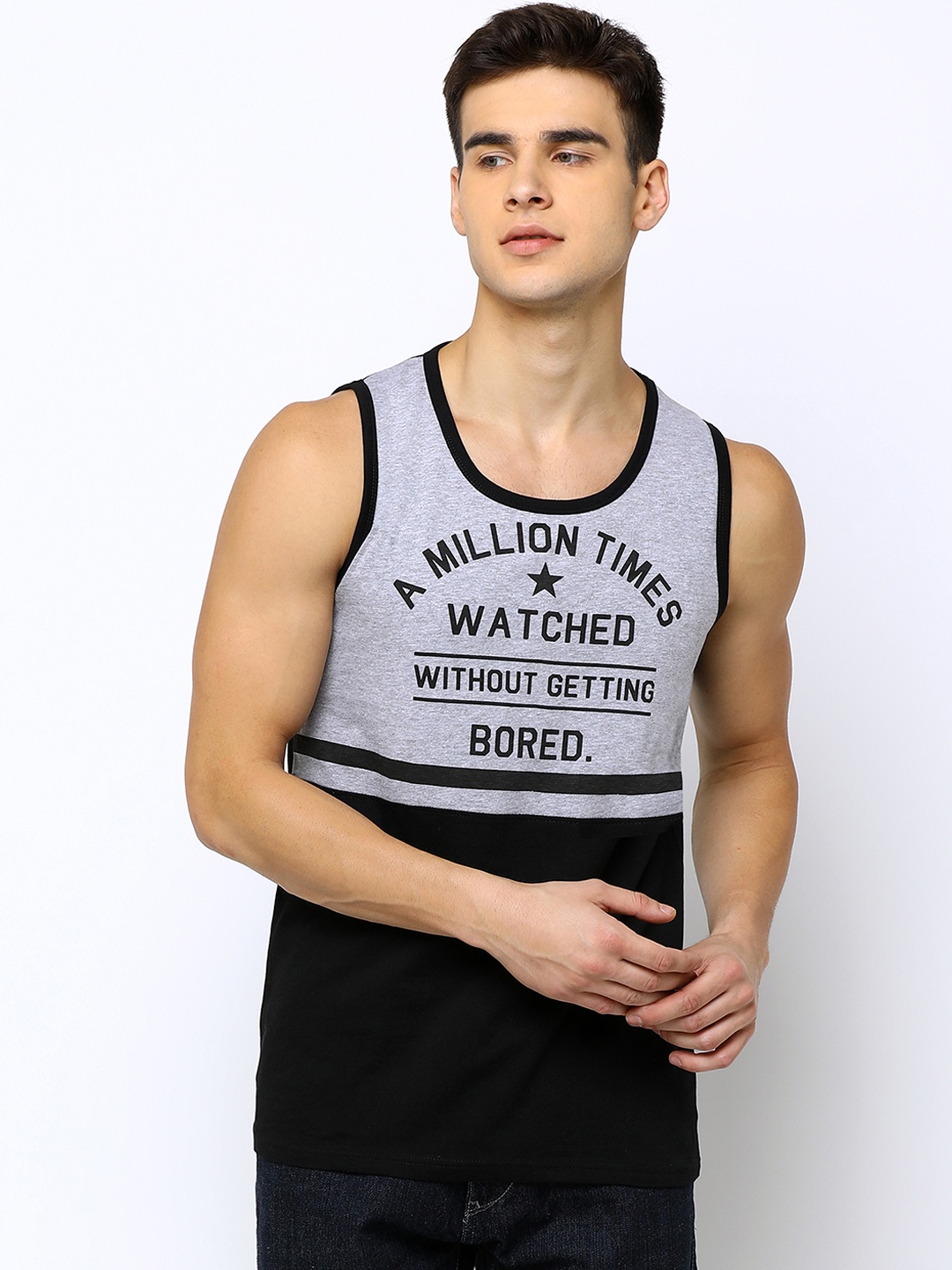 

Maniac Men Grey Black Colourblocked Round Neck Pure Cotton T-shirt