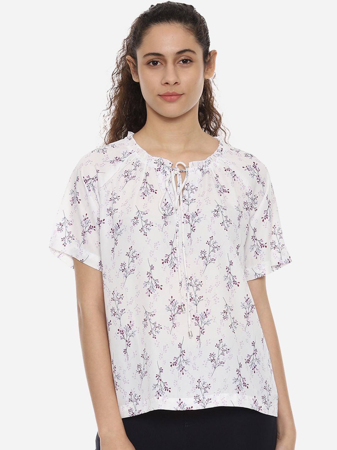 

Allen Solly Woman White & Lavender Printed A-Line Top