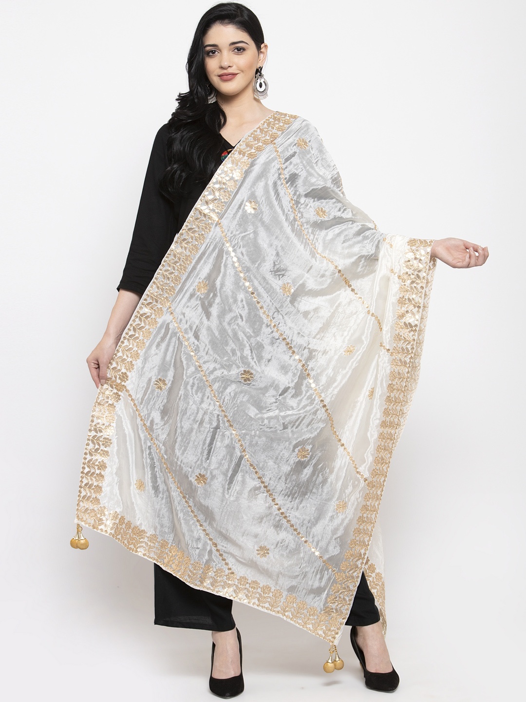 

Clora Creation White & Gold-Coloured Gotta Patti Silk Dupatta
